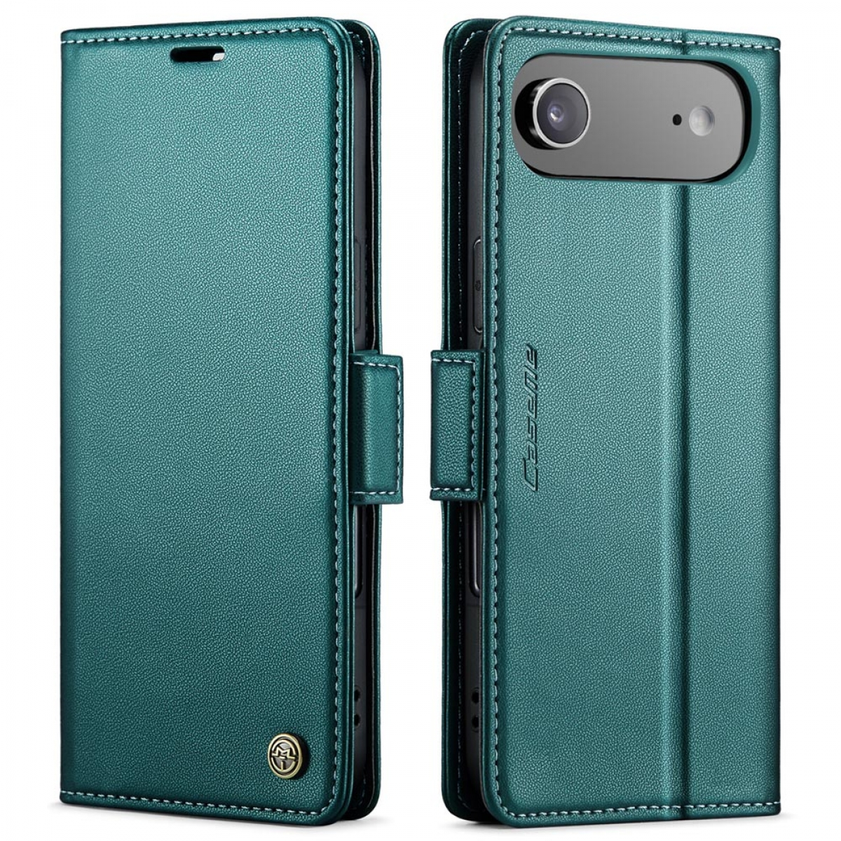 Eine teal Leder Handyhülle, geöffnet und geschlossen. Die offene Hülle zeigt die Telefonkamera und die Marke Caseme. Die geschlossene Hülle hat einen Verschluss.