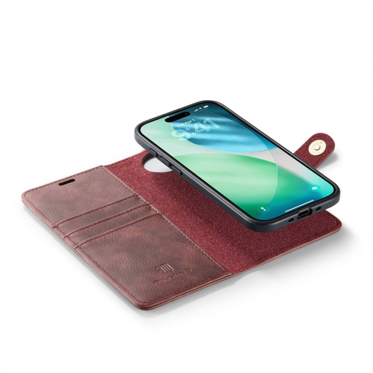 Ein Smartphone mit schwarzem Gehäuse liegt auf einer offenen, weinroten Ledergeldbörse. Die Geldbörse hat Kartenfächer und einen Magnetverschluss.