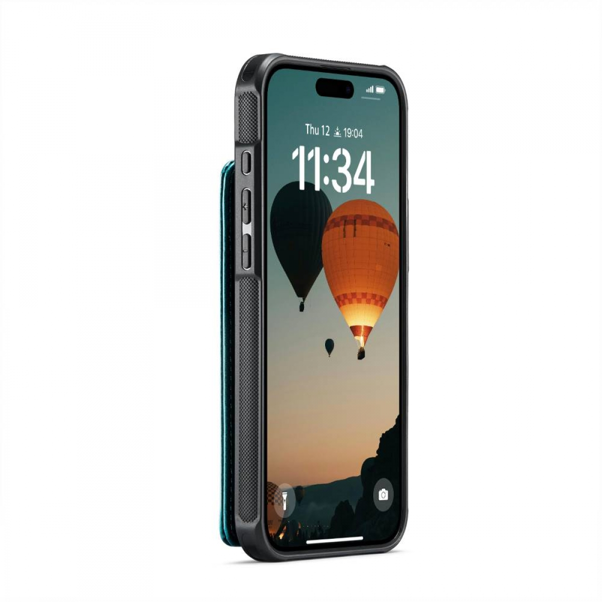 Ein iPhone mit Hülle zeigt Heißluftballons auf dem Bildschirm. Das Telefon ist schwarz, mit einer teal-farbenen Geldbörse. Weißer Hintergrund.