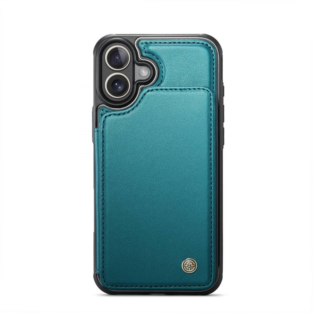 Eine teal-farbene Leder-Handyhülle mit Kartenfach. Das Telefon hat zwei Kameralinsen. Die Hülle befindet sich auf weißem Hintergrund.