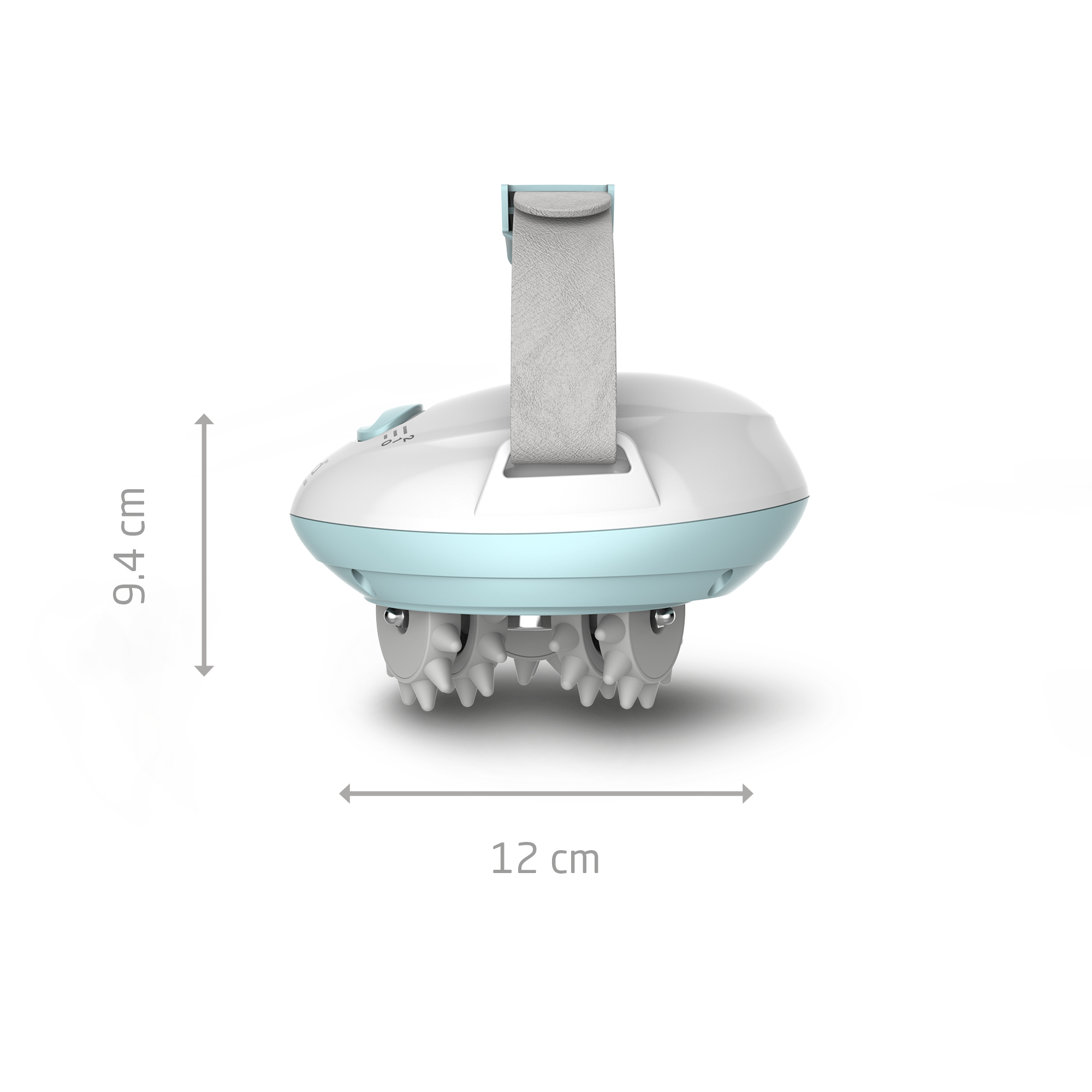 Białe i jasnoniebieskie urządzenie do masażu z paskiem, rolkami i wymiarami 9,4 cm na 12 cm.