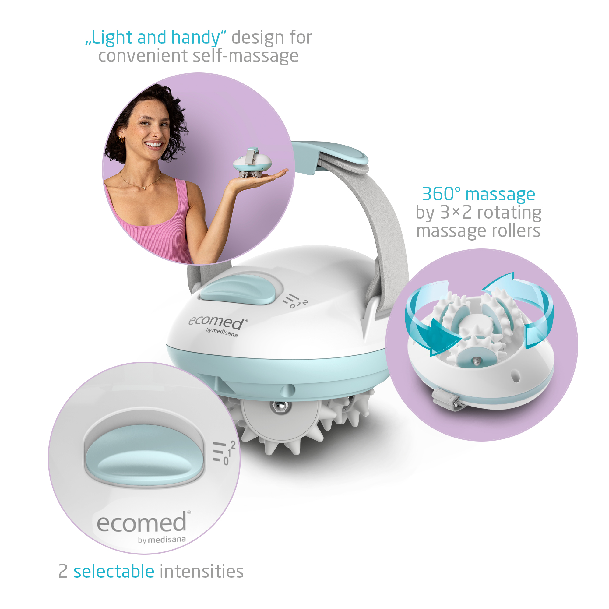 Kobieta trzyma urządzenie do masażu. Posiada 3x2 obrotowe rolki i 2 ustawienia intensywności, a marką jest ecomed.