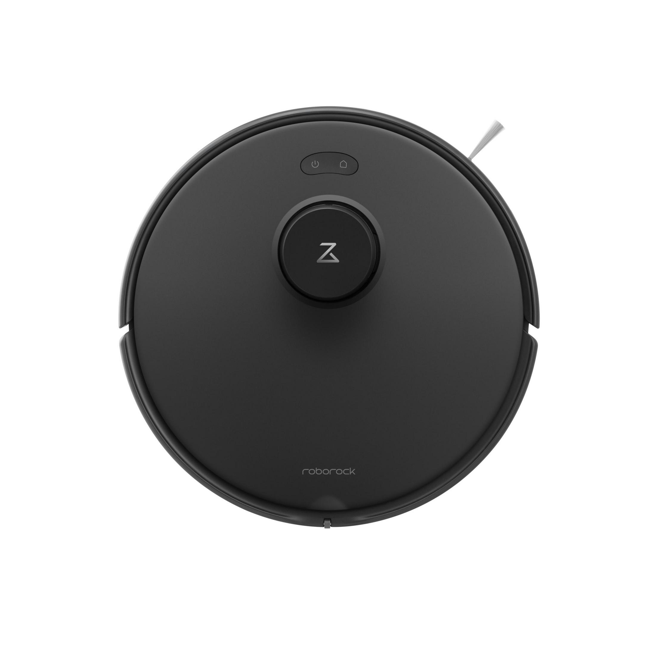 Un robot aspirador circular negro sobre una superficie blanca. Tiene un botón de encendido, un botón de inicio y el logotipo de Roborock.