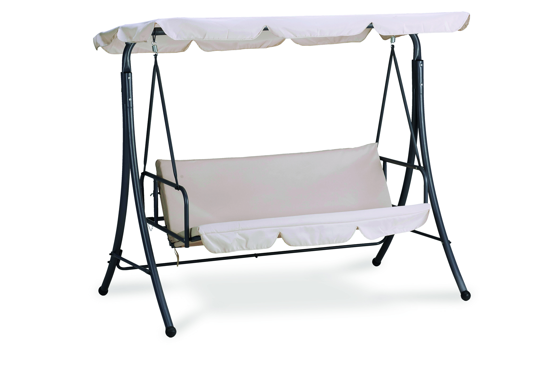 Un'altalena beige con tettuccio, struttura in metallo e sedute beige. Su sfondo bianco.