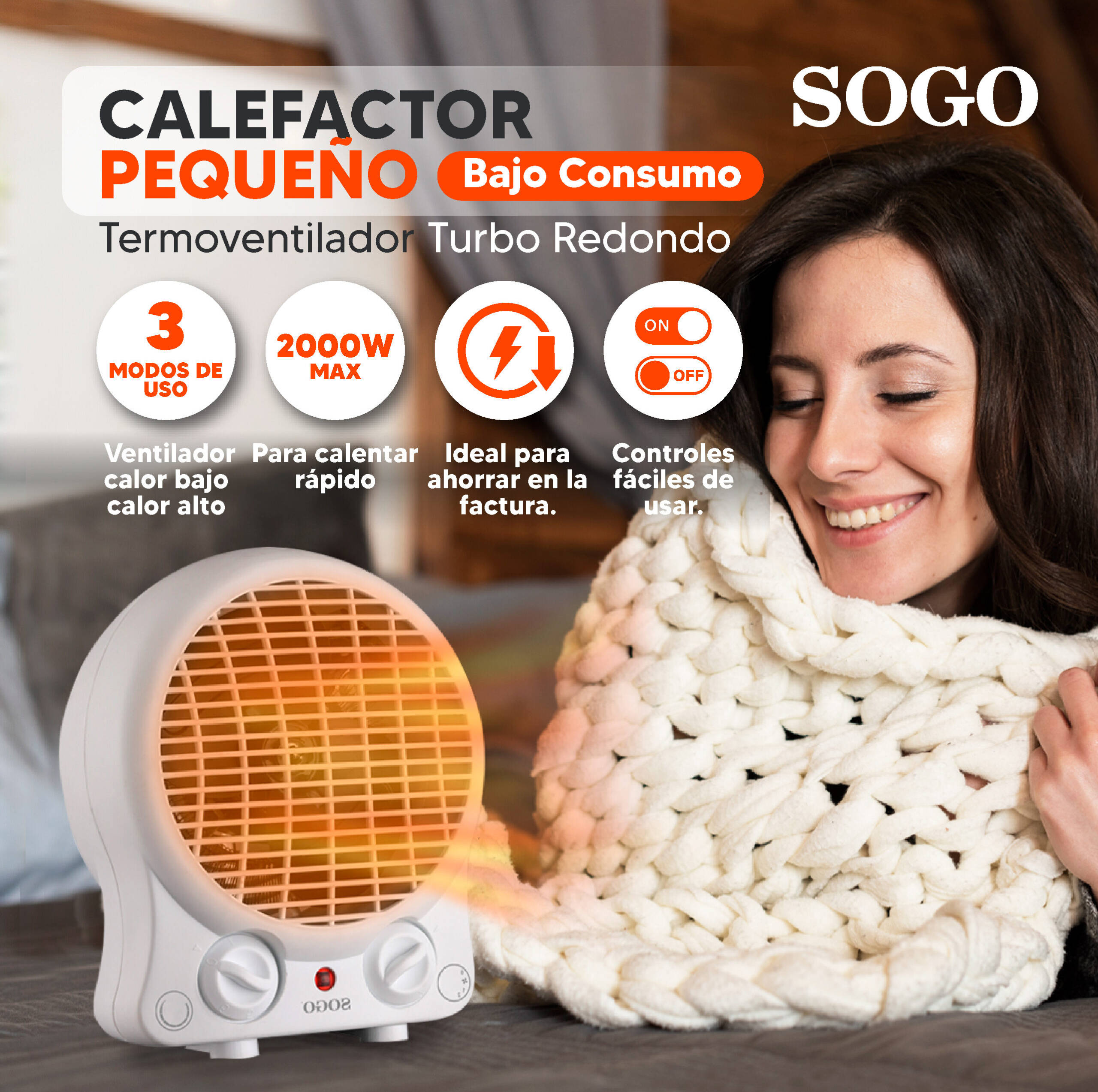 Calentador eléctrico blanco con mujer sonriente envuelta en manta blanca. Texto incluye 'SOGO' y características.