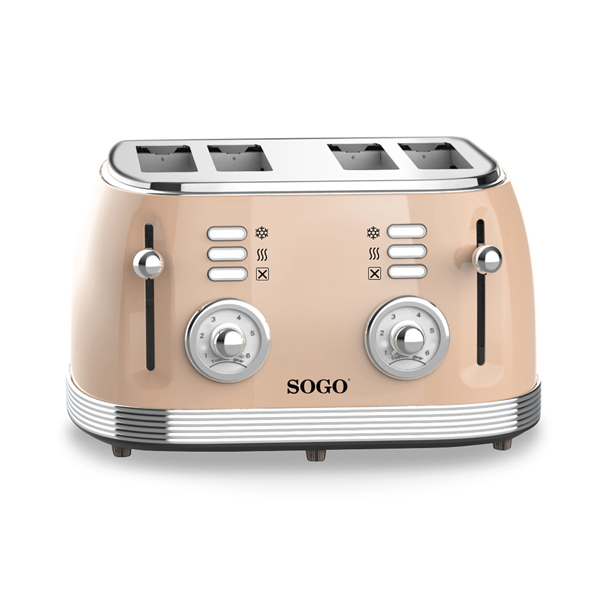 Ein beiger SOGO-Toaster mit vier Schlitzen. Er hat Drehregler, Knöpfe und einen Hebel. Der Hintergrund ist weiß.