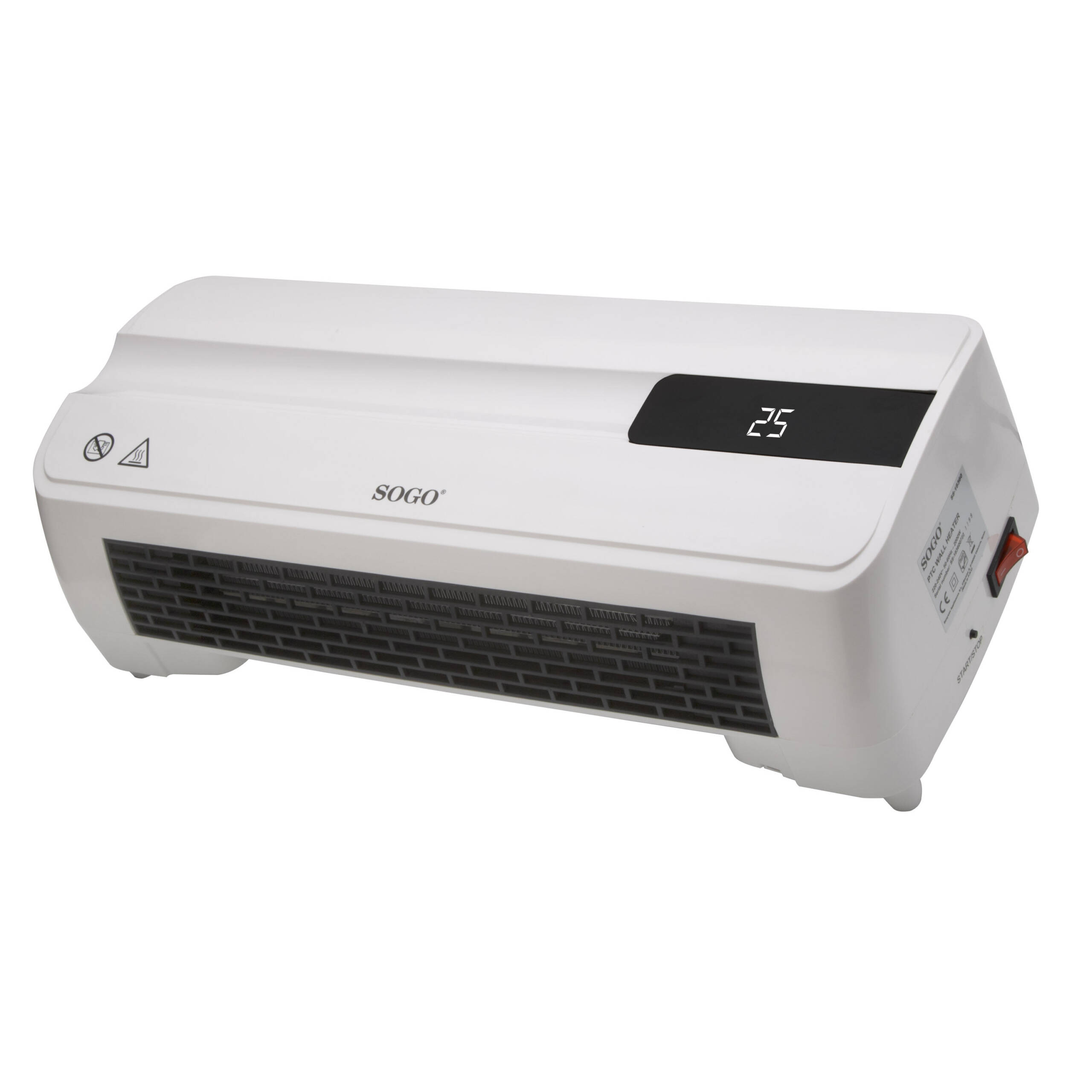 Termoventilatore da parete SOGO bianco con display digitale che mostra 25. Ha una griglia nera e un interruttore rosso.