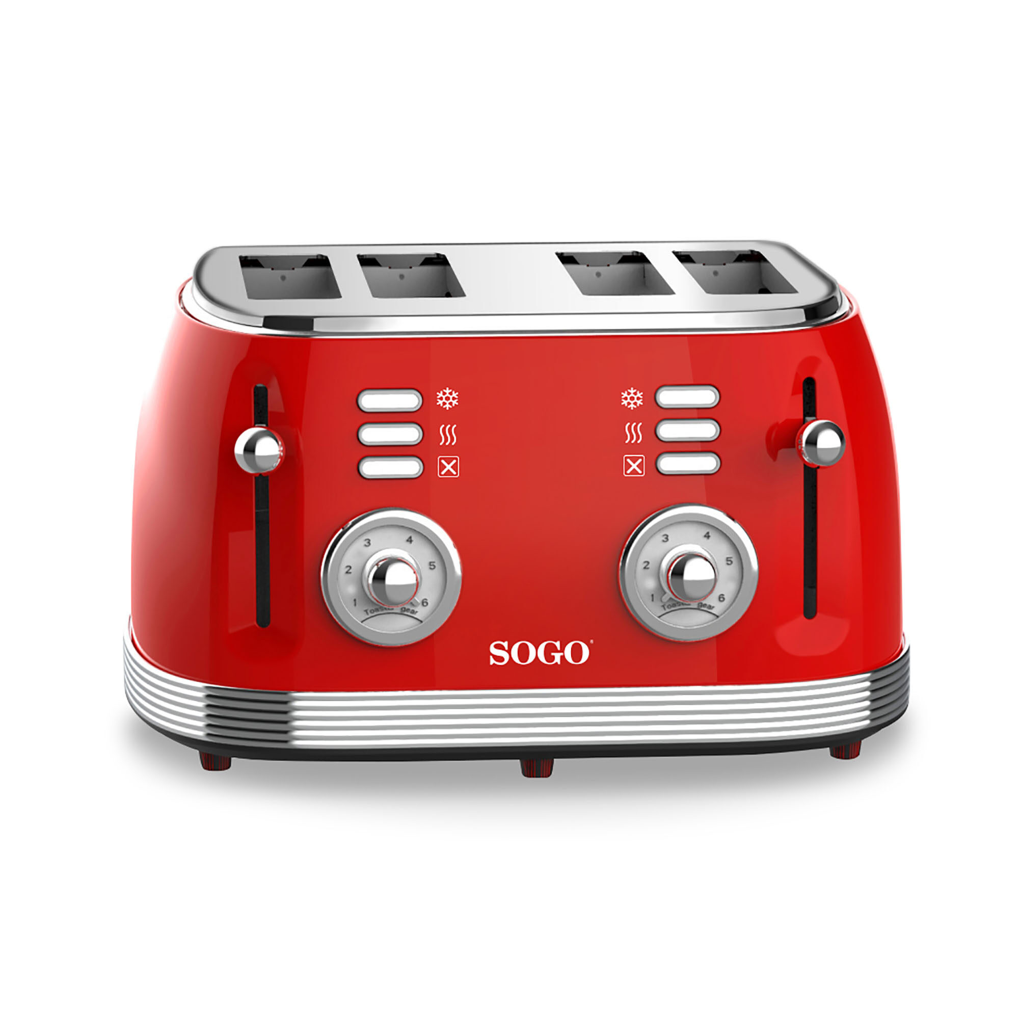 Ein roter SOGO-Toaster mit vier Schlitzen. Er hat Knöpfe und Drehregler für die Einstellungen. Der Hintergrund ist weiß.