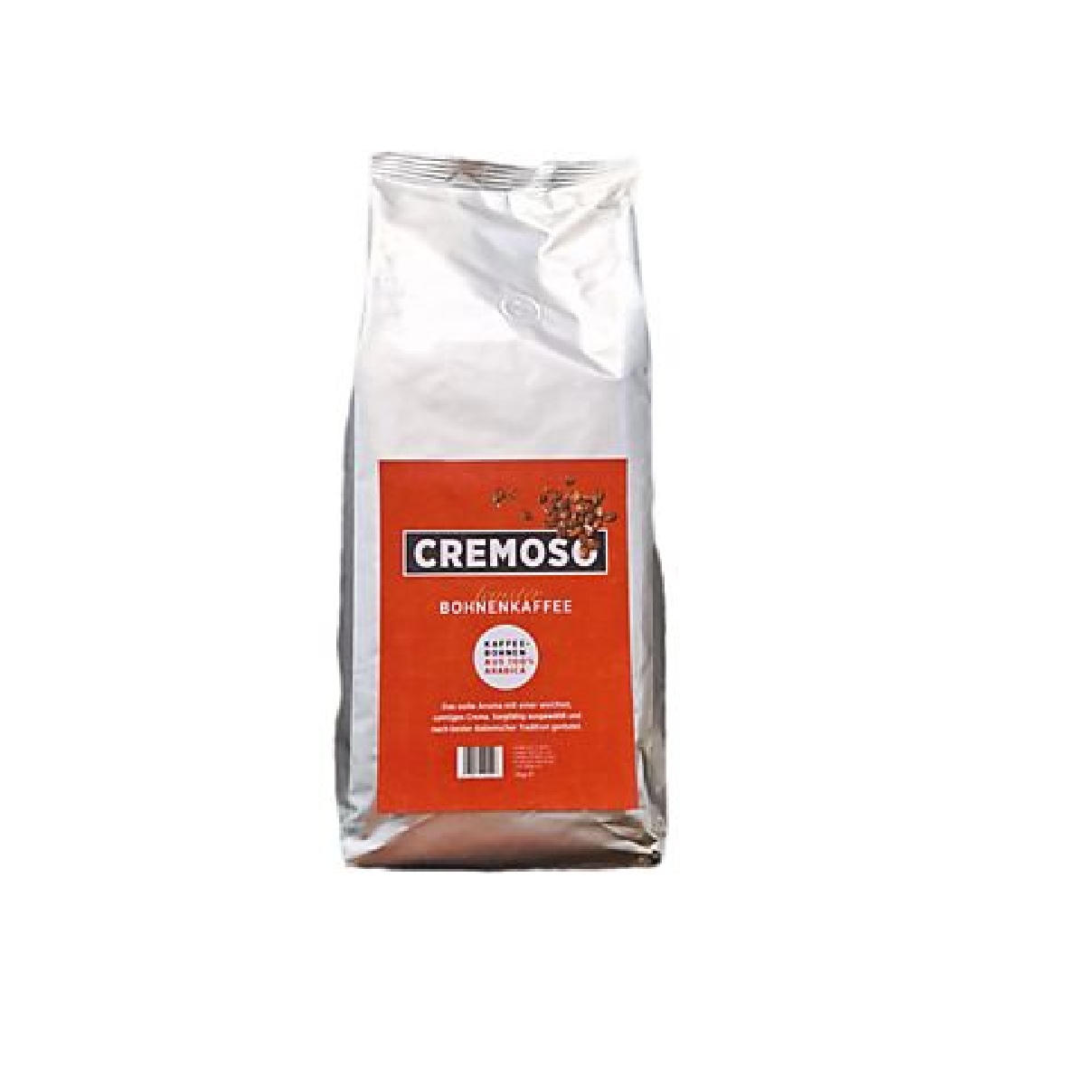 Ein silberner Kaffeepack mit rotem Etikett. Auf dem Etikett steht 'Cremoso Bohnenkaffee'. Oben auf dem Etikett sind Kaffeebohnen.