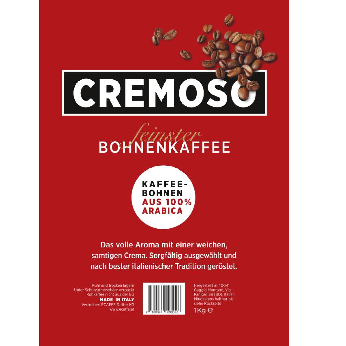 Roter Kaffeepackung mit dem Wort CREMOSO, Kaffeebohnen oben. Text: feinste Kaffeebohnen, 100% Arabica. Produktdetails unten.
