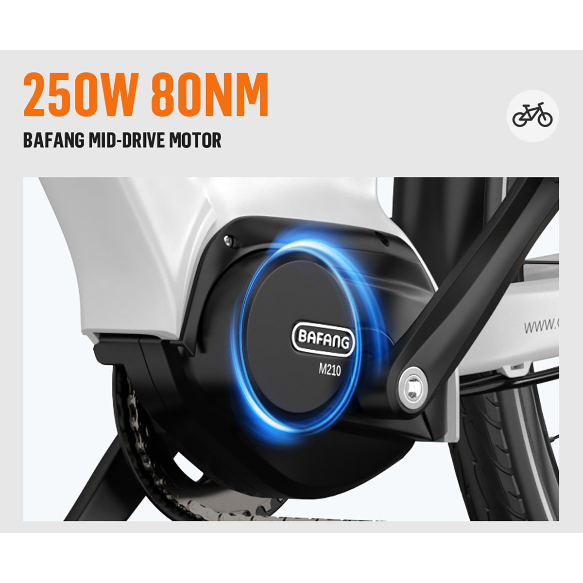 Silnik centralny roweru elektrycznego, BAFANG M210, z mocą 250W 80NM. Czarna obudowa silnika z niebieskim konturem. Części roweru.