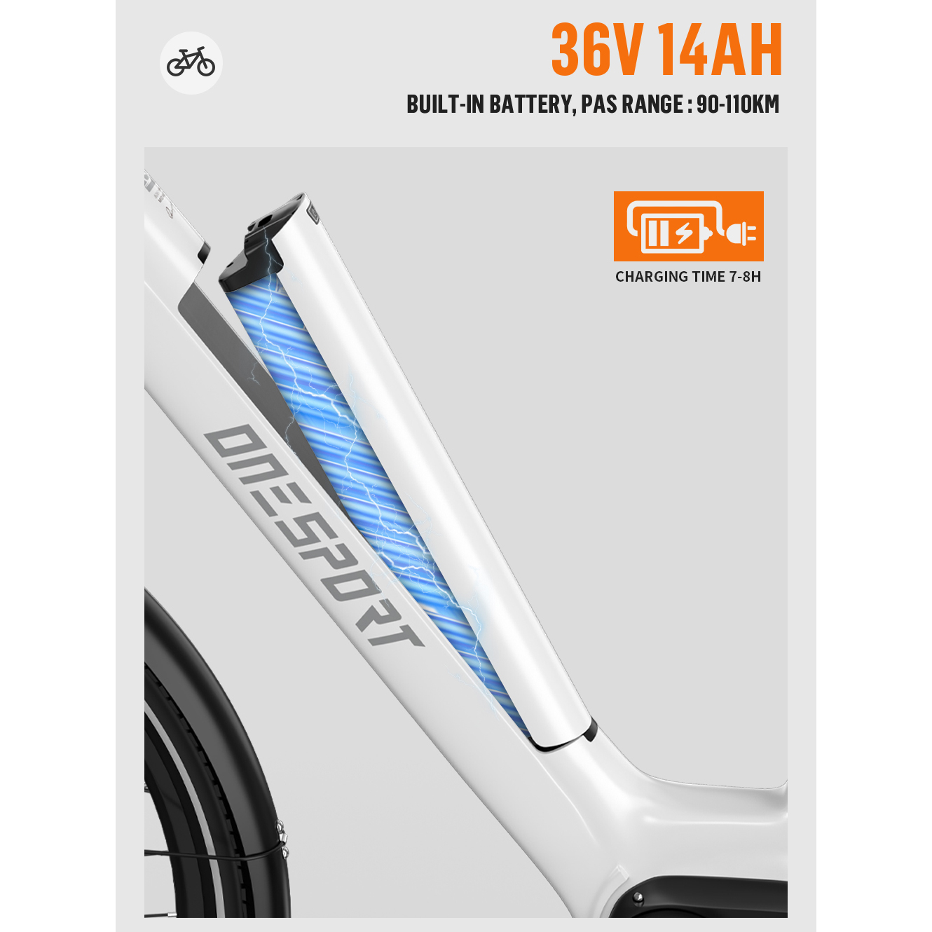 Biała rama roweru elektrycznego z niebieską ilustracją baterii, tekst: 36V 14AH, logo ONESPORT i info o ładowaniu. Część koła.