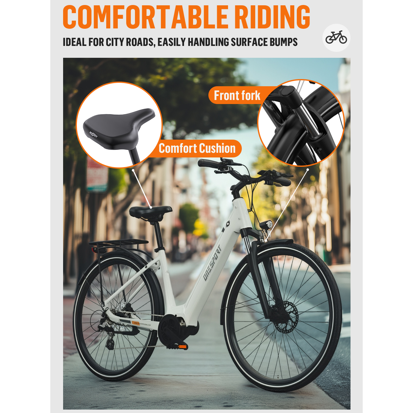 Biały rower elektryczny Onesport z czarnymi oponami i przednim widelcem, czarnym siodełkiem i poduszką komfortu, idealny na drogi miejskie.