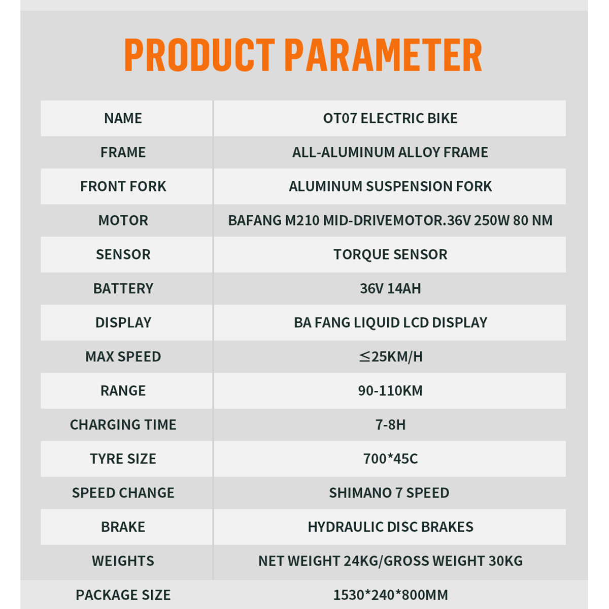 Tabela parametrów produktu dla roweru elektrycznego OT07. Zawiera szczegóły takie jak silnik, bateria, maksymalna prędkość, zasięg i więcej.