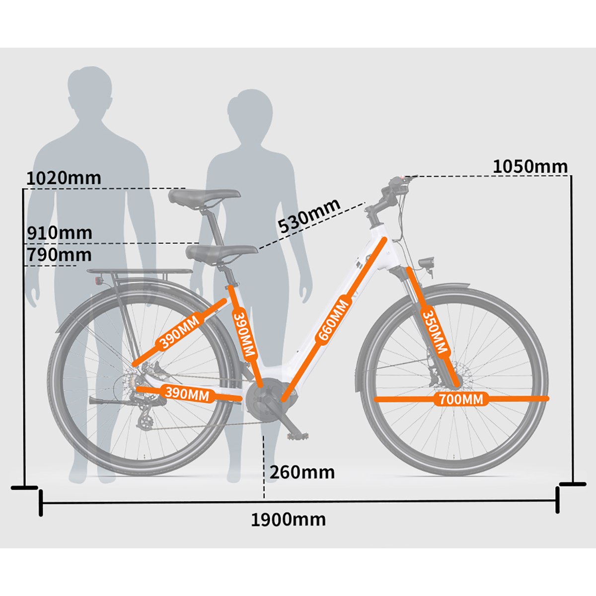 Biały rower z pomarańczowymi liniami wymiarowymi i wymiarami. Sylwetki mężczyzny i kobiety obok roweru, dla skali.