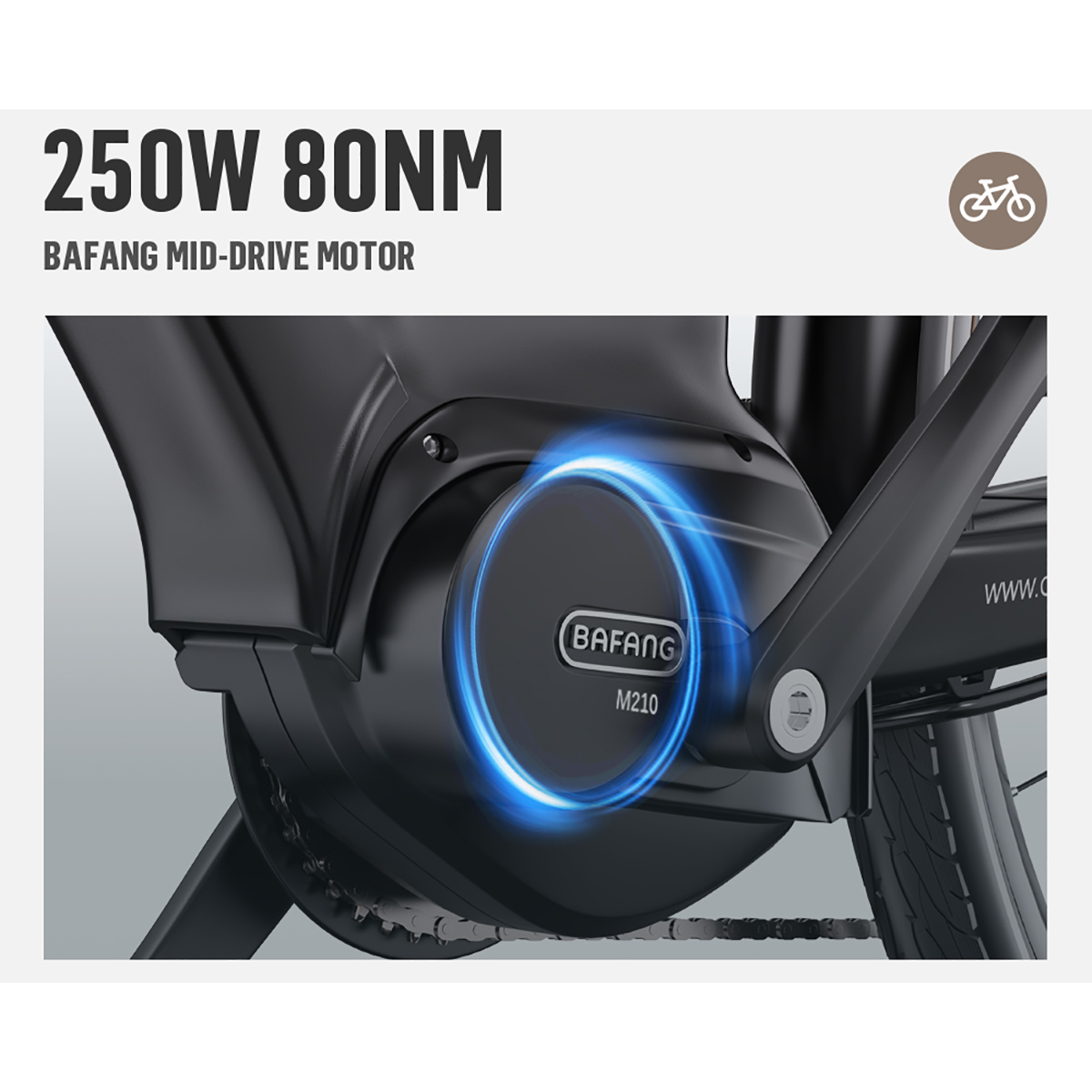 Zbliżenie czarnego silnika centralnego Bafang na rowerze. Tekst brzmi 250W 80NM. Niebieski świecący pierścień otacza silnik.