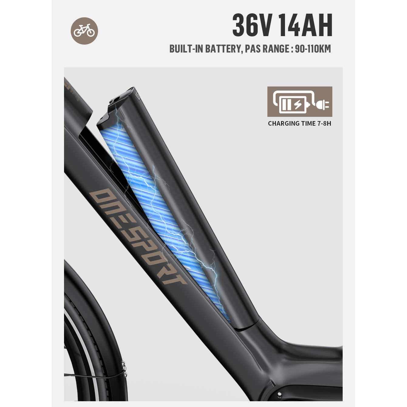 Czarna rama roweru elektrycznego z niebieskim detalem błyskawicy. Tekst pokazuje specyfikacje baterii i czas ładowania.