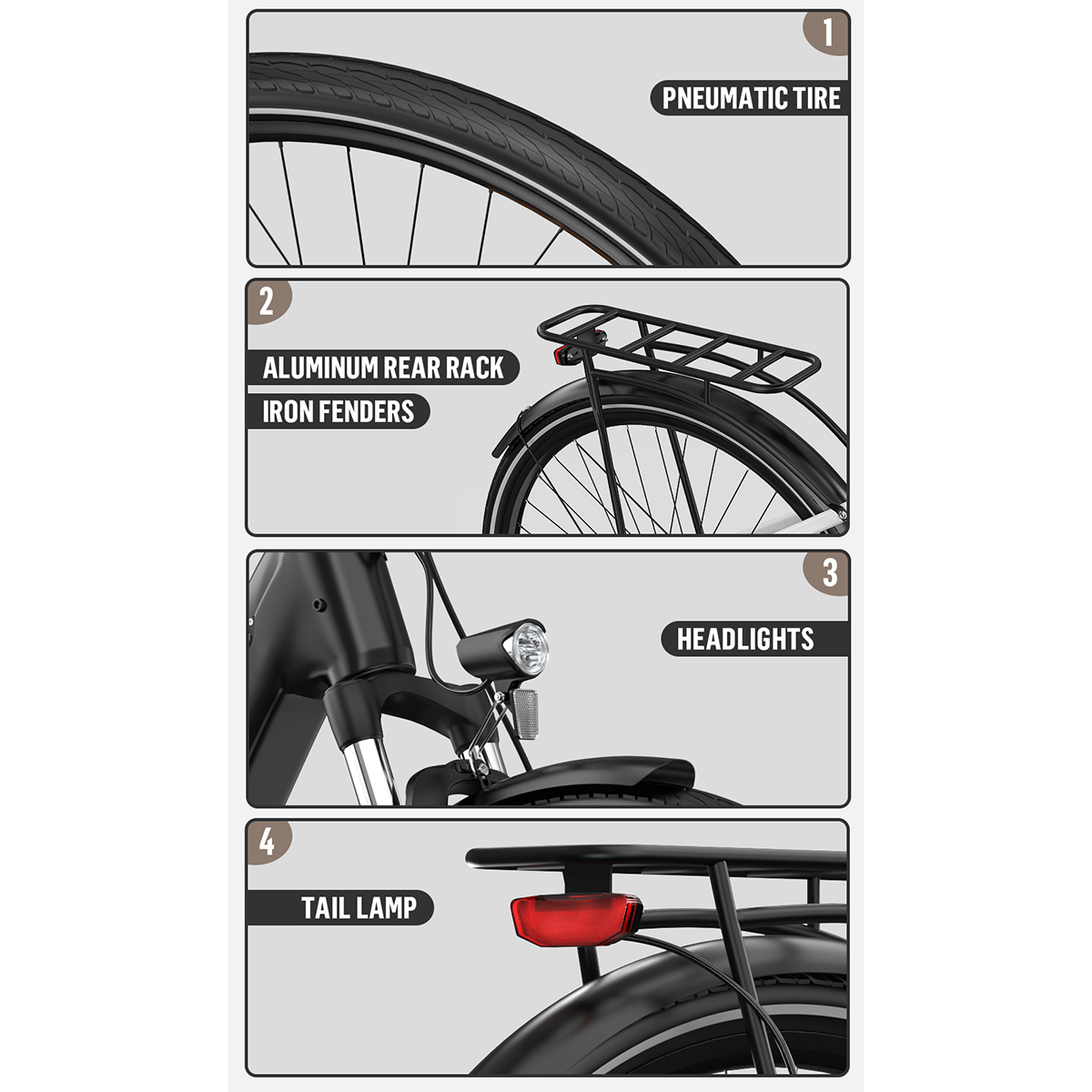 Zbliżenia roweru, pokazujące oponę pneumatyczną, bagażnik, błotniki, reflektory i tylną lampę.