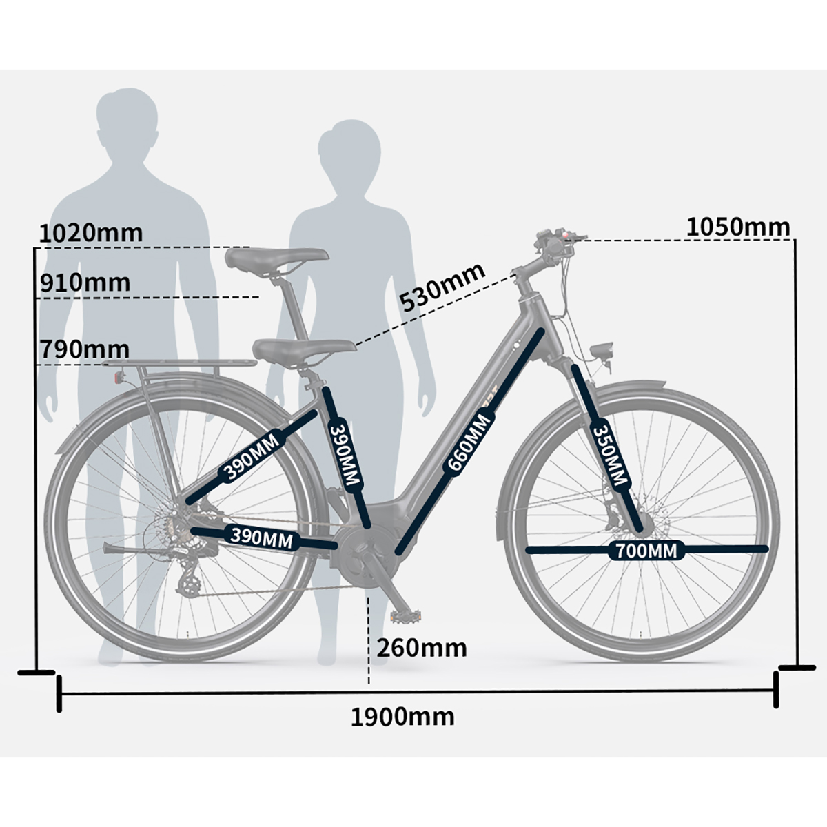 Szary rower z zaznaczonymi wymiarami. Dwie ludzkie sylwetki obok. Wymiary w mm są pokazane na rowerze.