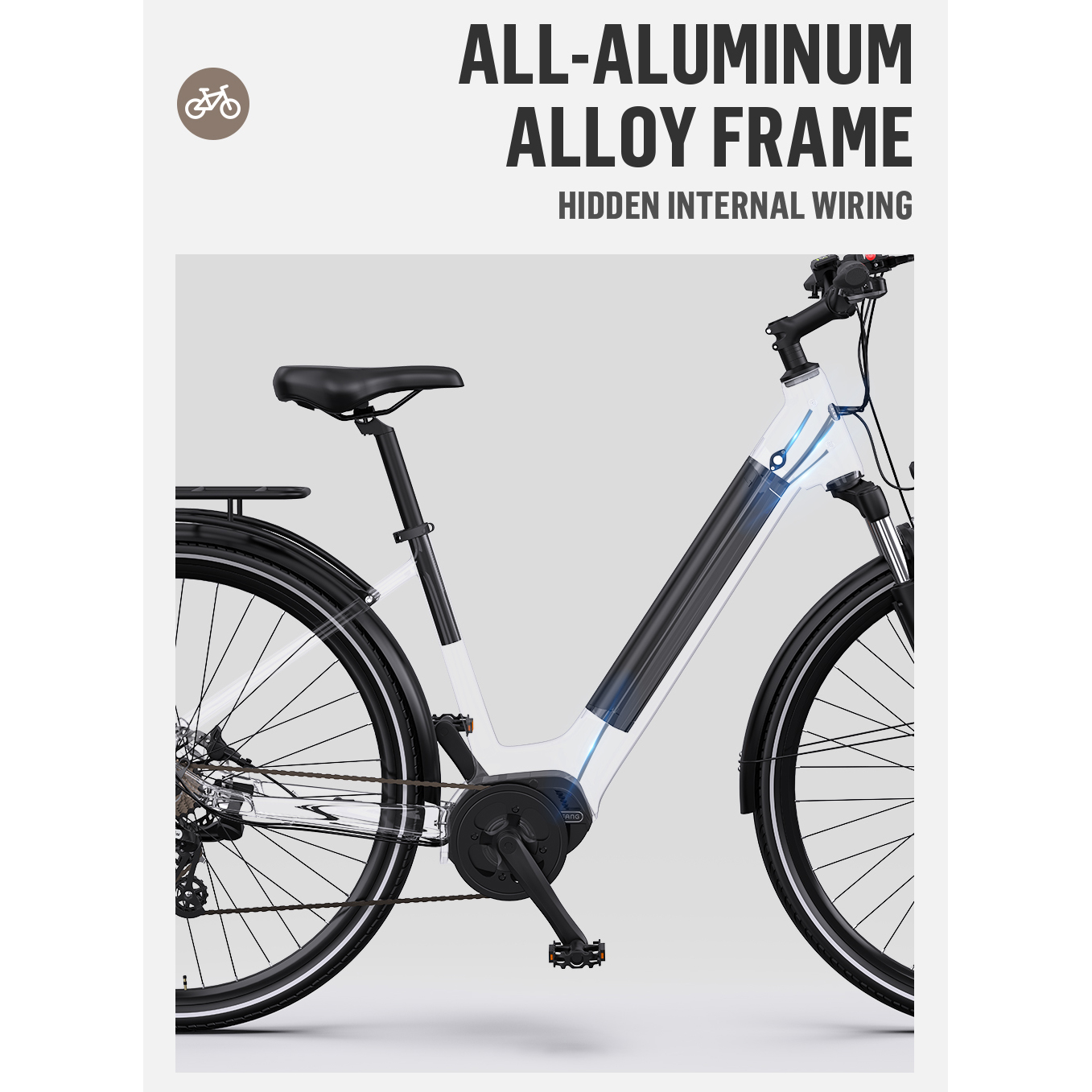 Biało-czarny rower z ramą ze stopu aluminium jest wyświetlany na białym tle, z tekstem wskazującym na ukryte okablowanie wewnętrzne.