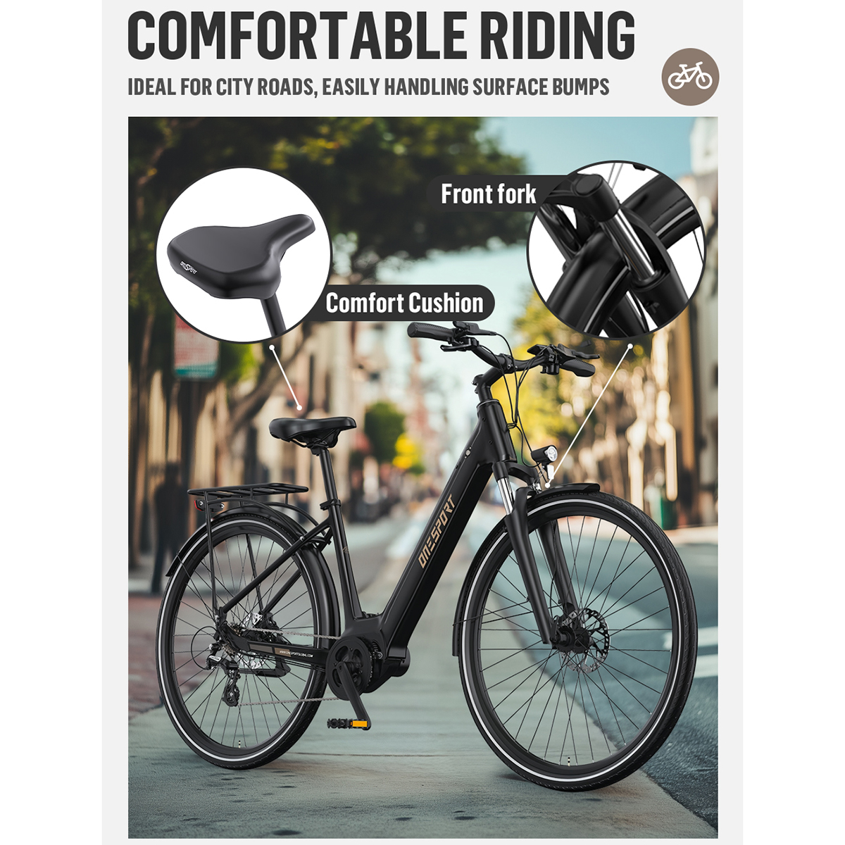 Czarny rower Onesport na ulicy miejskiej. Zawiera wygodną poduszkę, przedni widelec i tekst 'Comfortable Riding'.