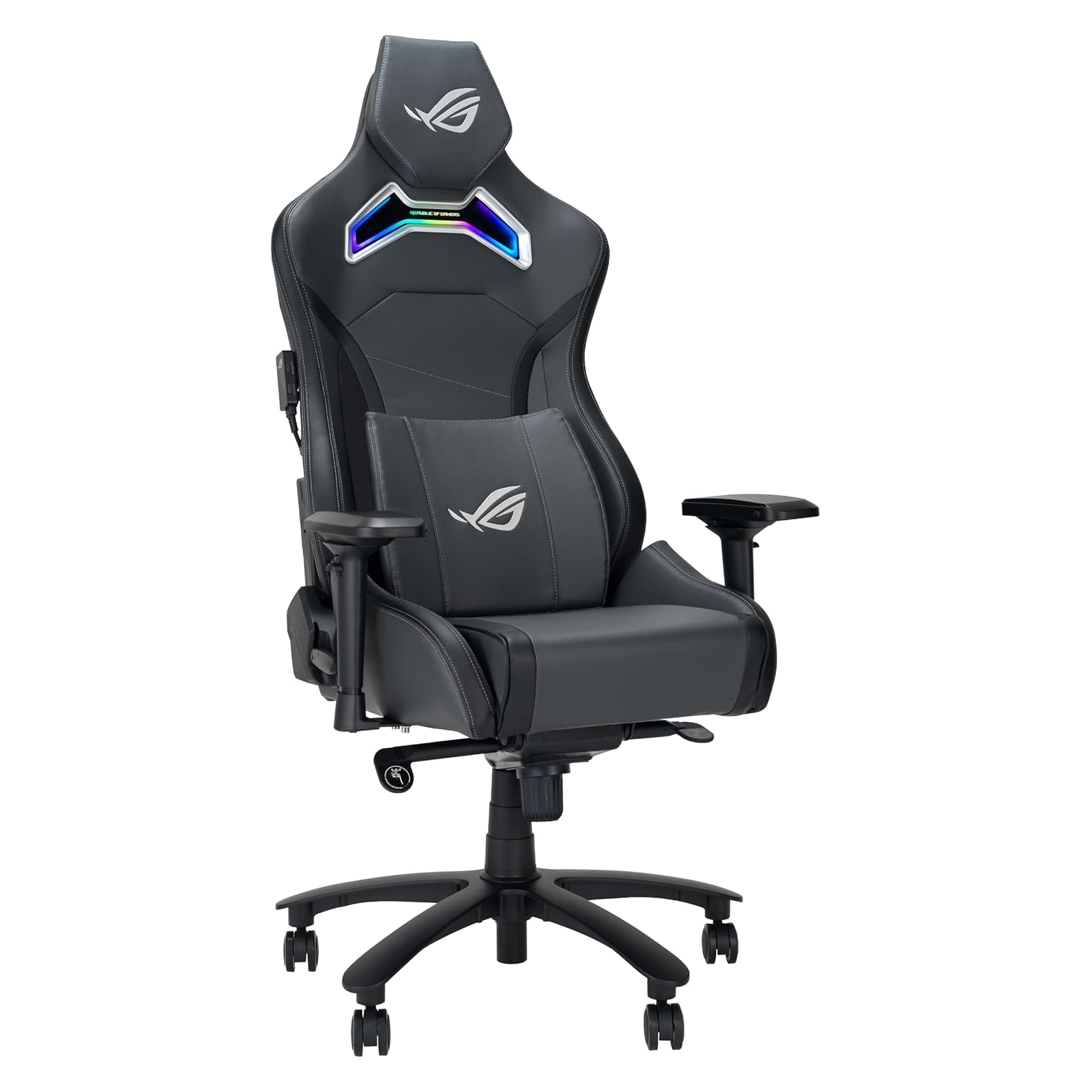 Una sedia da gaming ROG nera con poggiatesta e cuscino lombare, logo bianco e luci colorate.