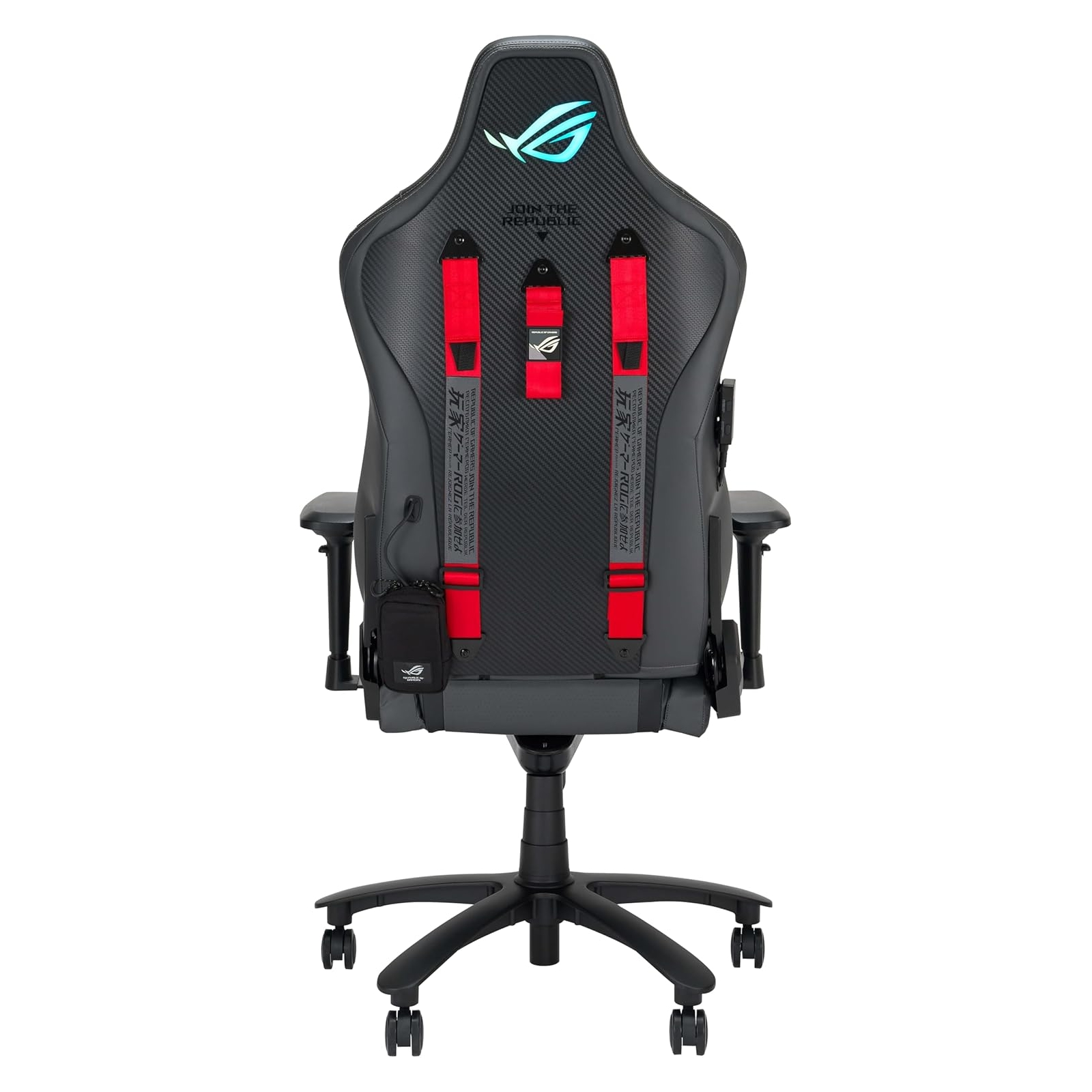Una sedia da gaming grigia e nera con cinghie rosse, logo ROG e una piccola tasca nera.