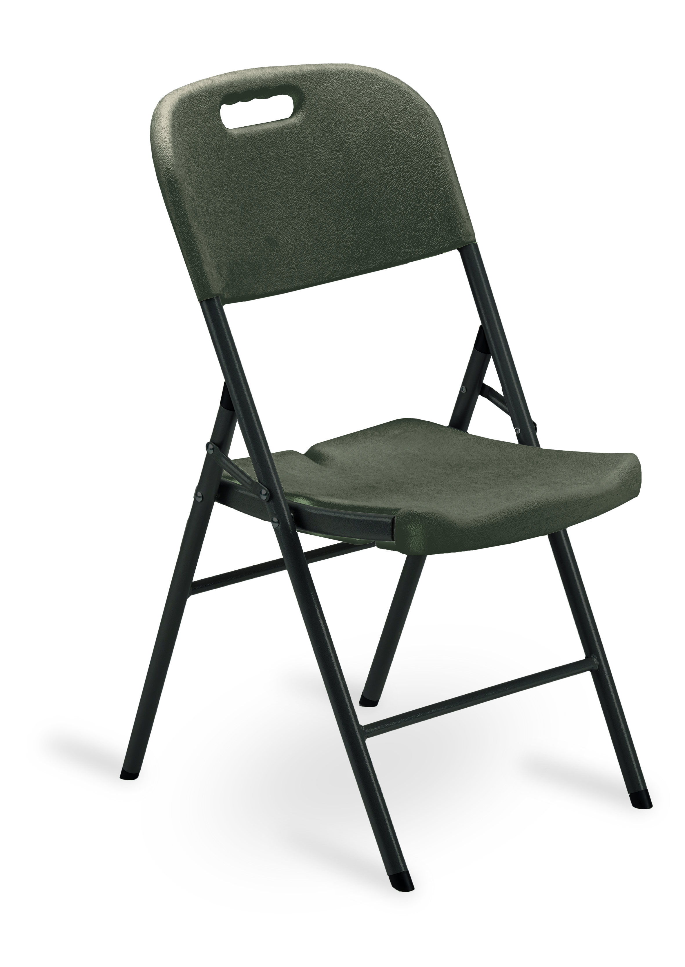 Una sedia pieghevole. È grigia con una maniglia sul retro. Le gambe sono grigio scuro. Lo sfondo è bianco.