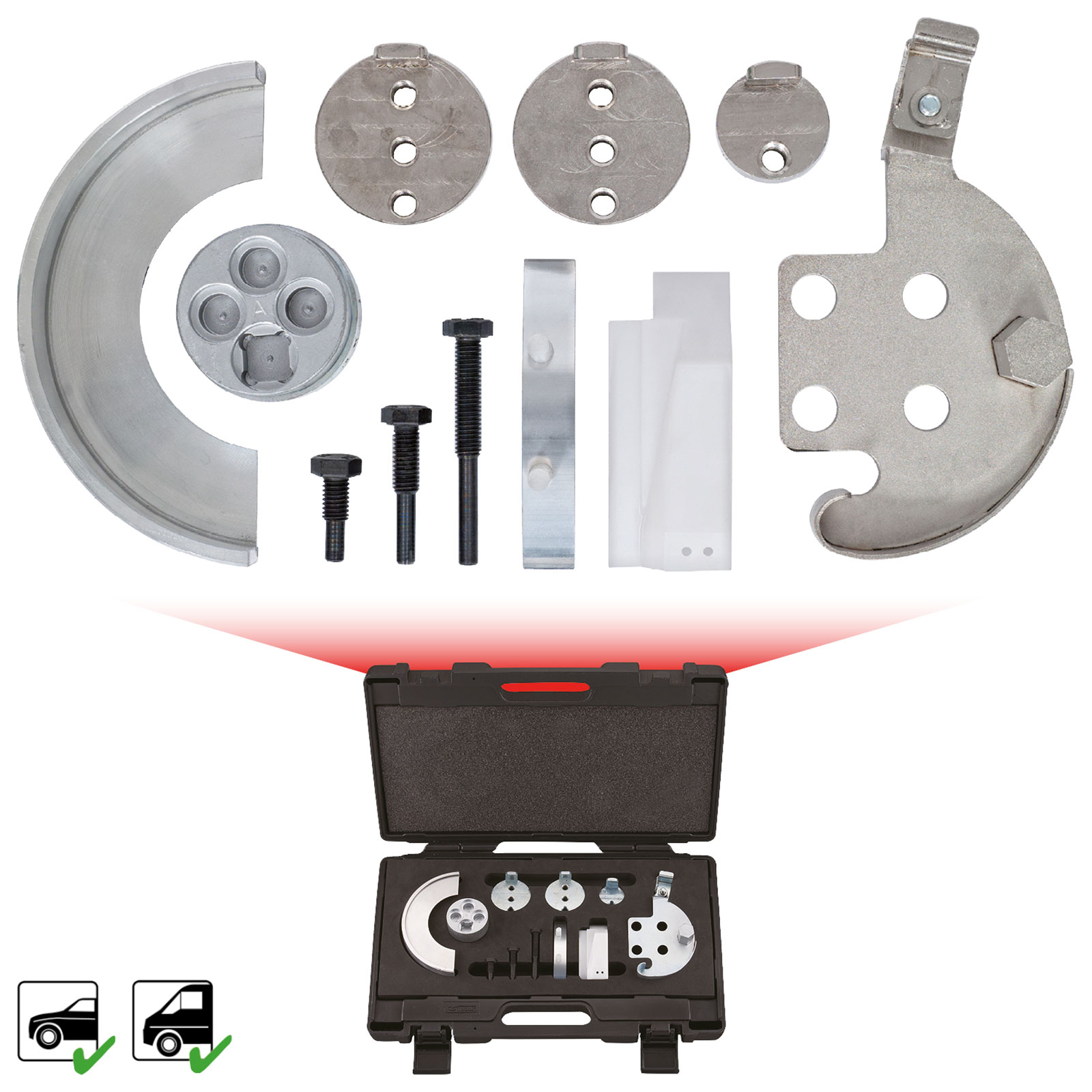 Verschiedene Metall-Autoreparaturwerkzeuge werden angezeigt, mit einem Koffer am unteren Rand. Die Werkzeuge umfassen Platten, Schrauben und ein gebogenes Teil.
