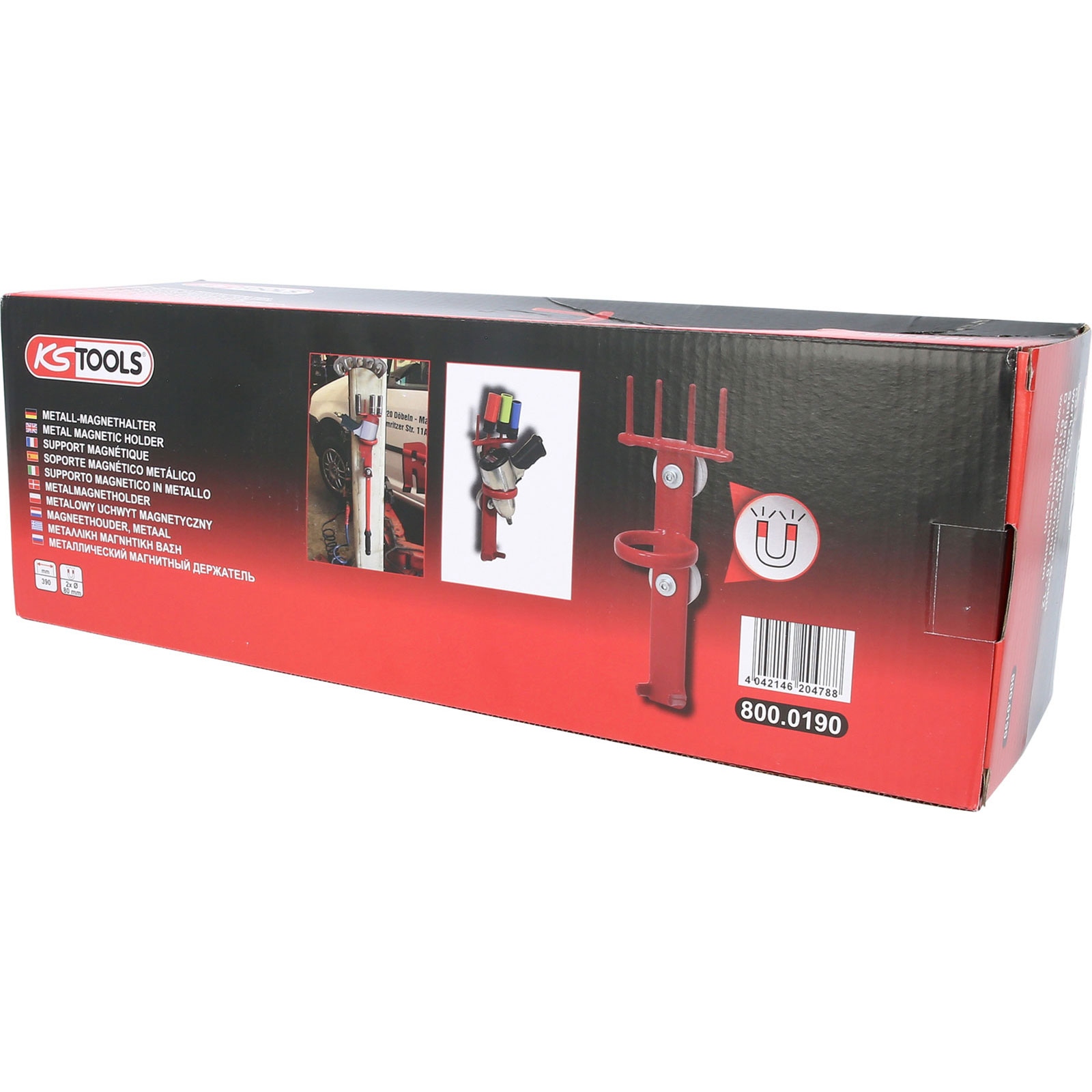 Una scatola rossa e nera KS Tools con un supporto magnetico rosso all'interno. Il supporto ha una forma a U e un codice a barre.