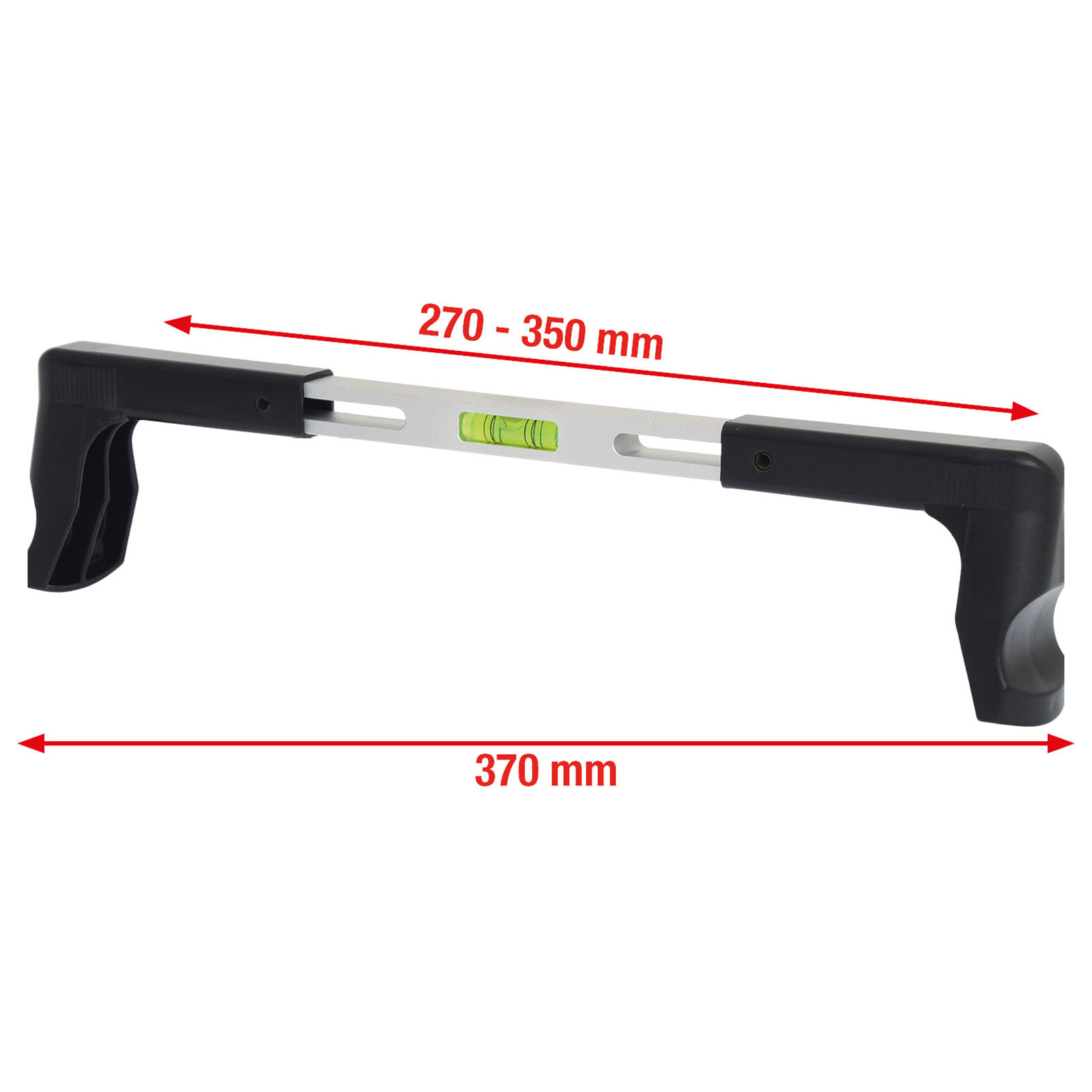 Ein schwarzes und silbernes Wasserwaagenwerkzeug mit grüner Blase und roten Pfeilen, die die Maße 270-350 mm und 370 mm anzeigen.