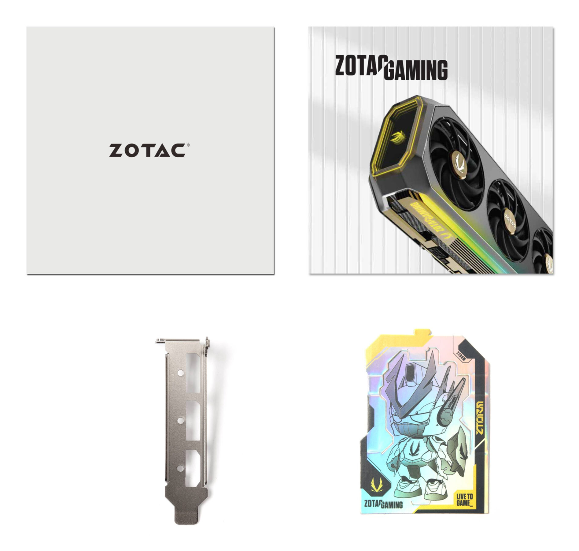 Cztery obrazy: pudełko ZOTAC, GPU ZOTAC GAMING, metalowy wspornik i karta ZOTAC z robotem, na białym tle.