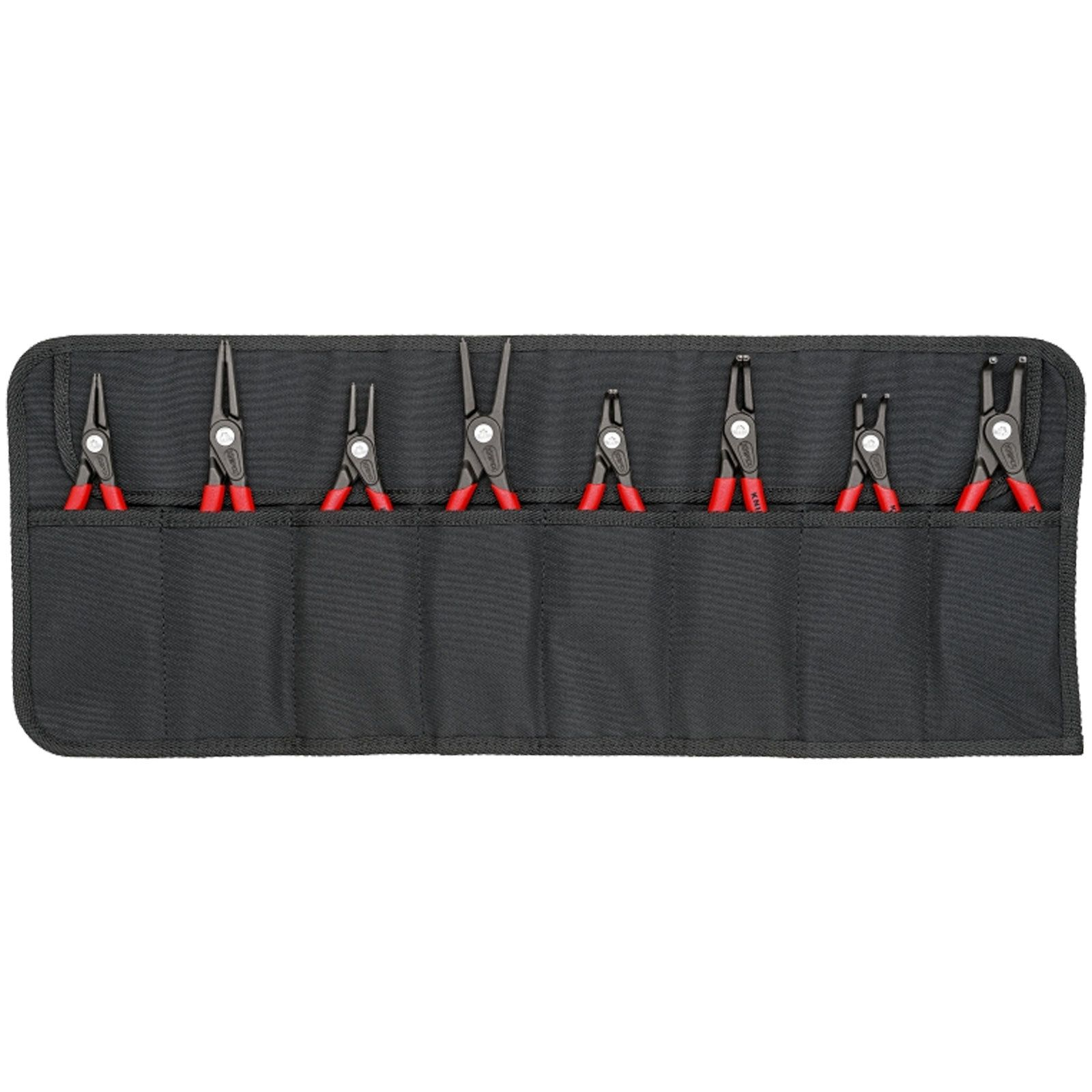 Zestaw szczypiec z czerwonymi uchwytami, starannie ułożonych w czarnym etui na narzędzia.