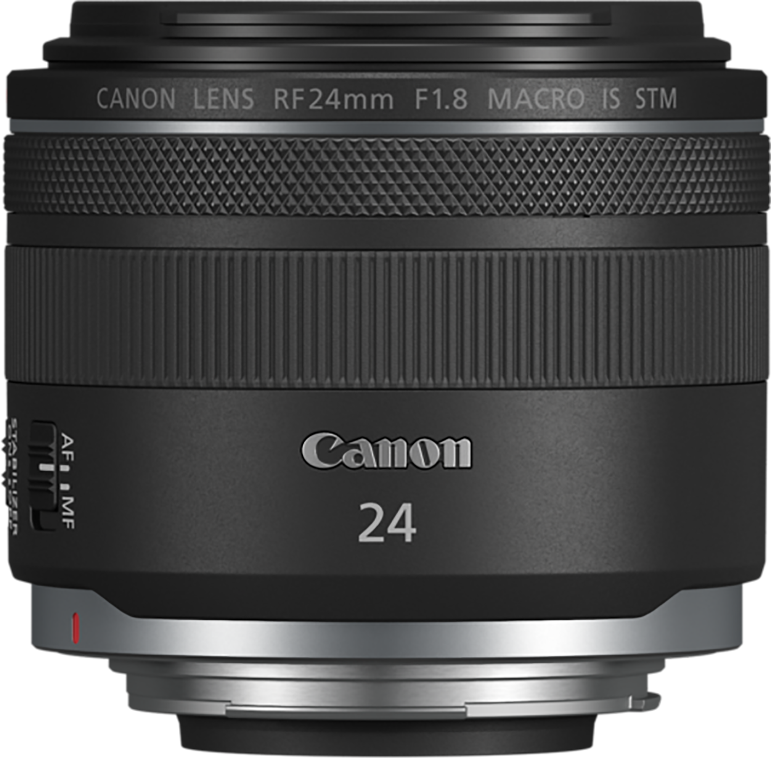 Obiektyw Canon RF 24mm F1.8 Macro IS STM. Czarny i srebrny korpus. Funkcje: pierścień ostrości, przełącznik stabilizacji i logo Canon.