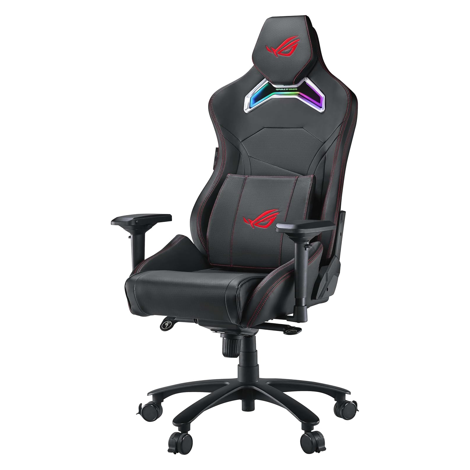 Schwarzer Gaming-Stuhl mit roten Nähten, ROG-Logo und verstellbaren Armlehnen. Verfügt über eine Kopfstütze und Lendenwirbelstütze.