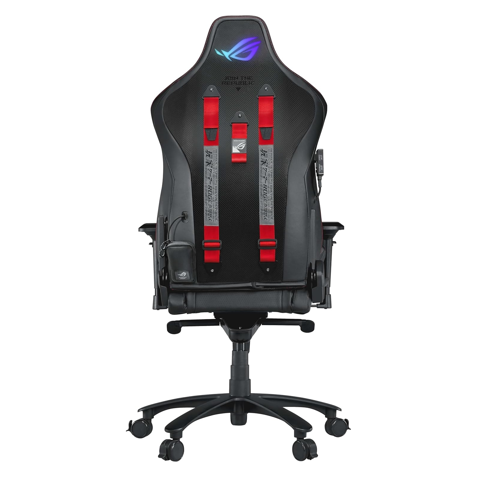 Schwarzer Gaming-Stuhl mit roten Akzenten. Er hat eine Kopfstütze mit Logo und roten Gurten.