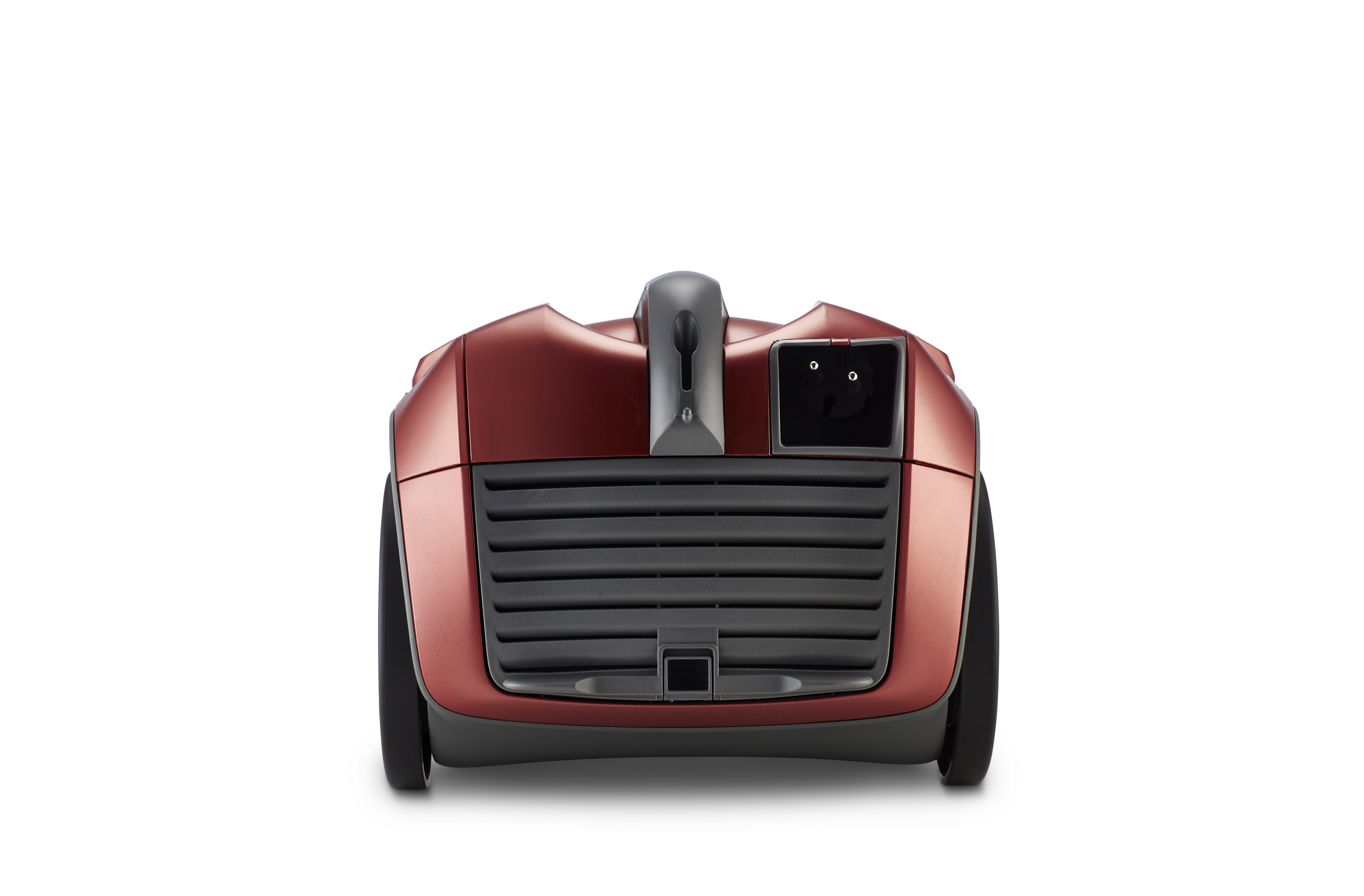 Czerwony odkurzacz z czarną kratką i kołami jest wyśrodkowany na białym tle. Design jest nowoczesny.