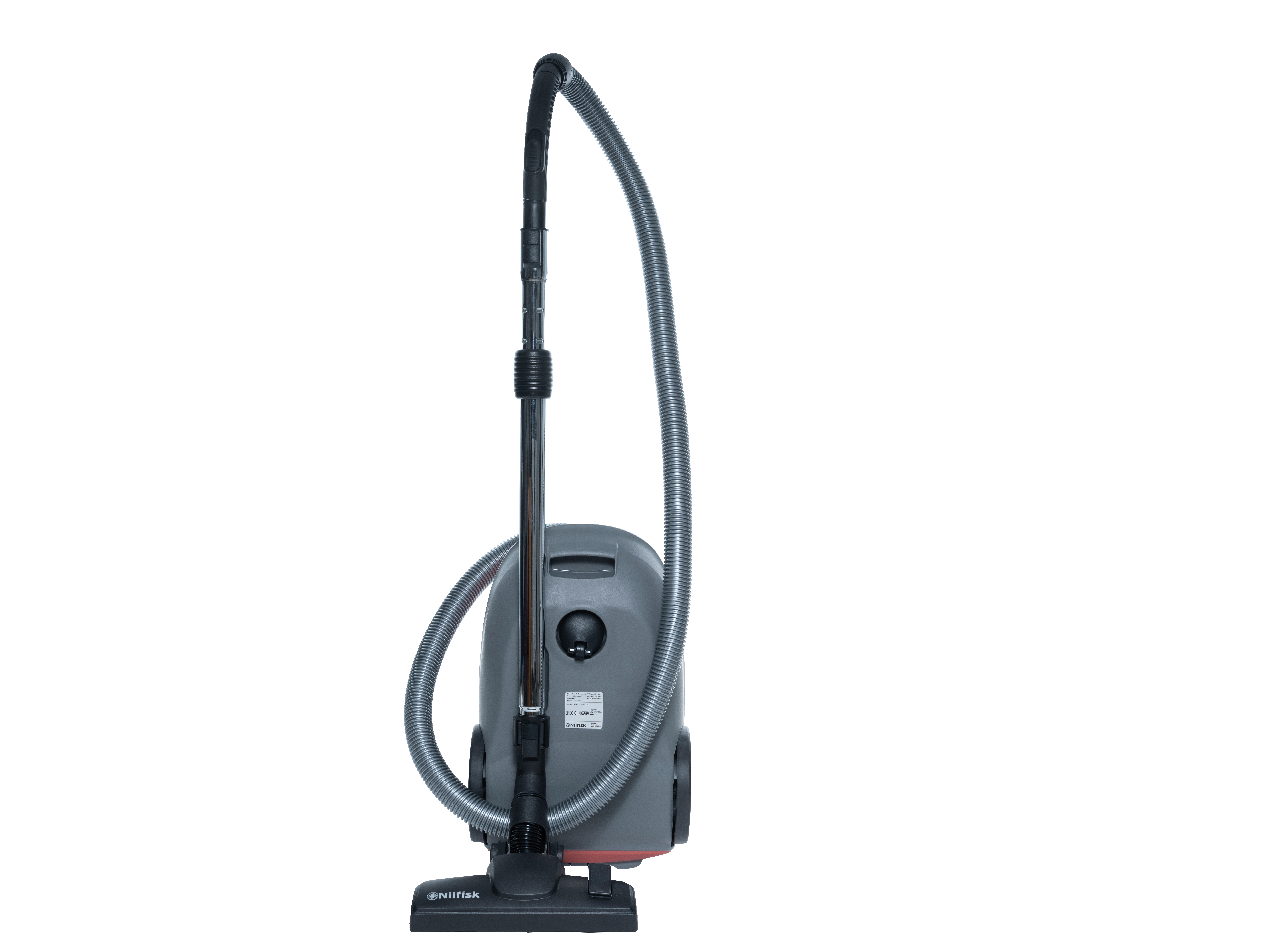 Szary odkurzacz z czarnym wężem na białym tle. Dysza jest czarna.