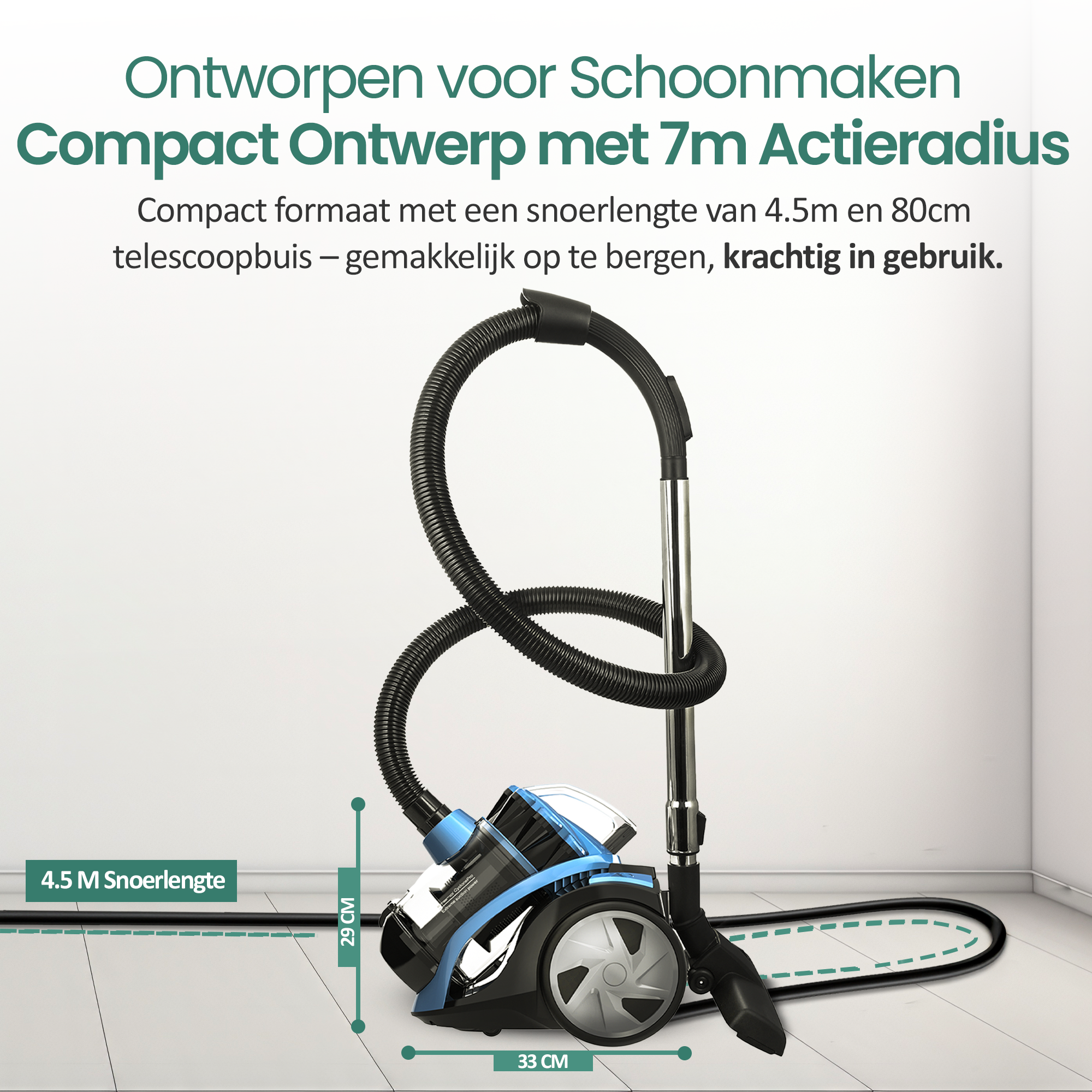 Odkurzacz z czarnymi i niebieskimi akcentami stoi na jasnej podłodze. Wąż jest zapętlony, a nad nim widnieje hasło.