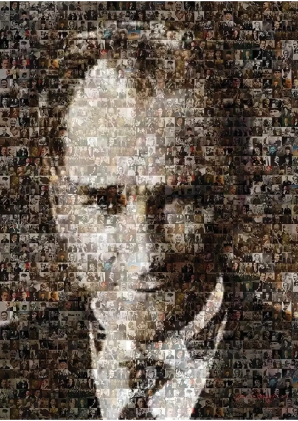 Bir adamın yüzünün mozaik portresi. Birçok küçük fotoğraftan oluşur, ışık ve gölge ile detaylı bir görüntü oluşturur.