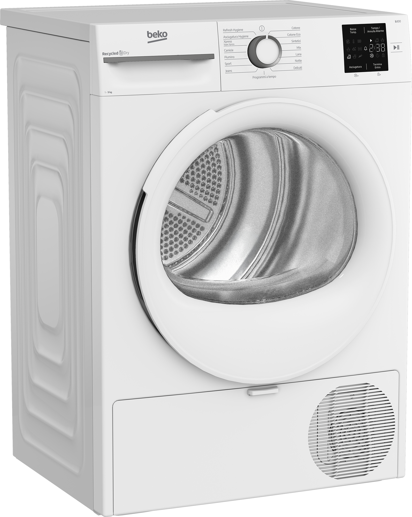 È mostrata un'asciugatrice Beko bianca. Ha una porta circolare, pannello comandi con opzioni e display digitale.