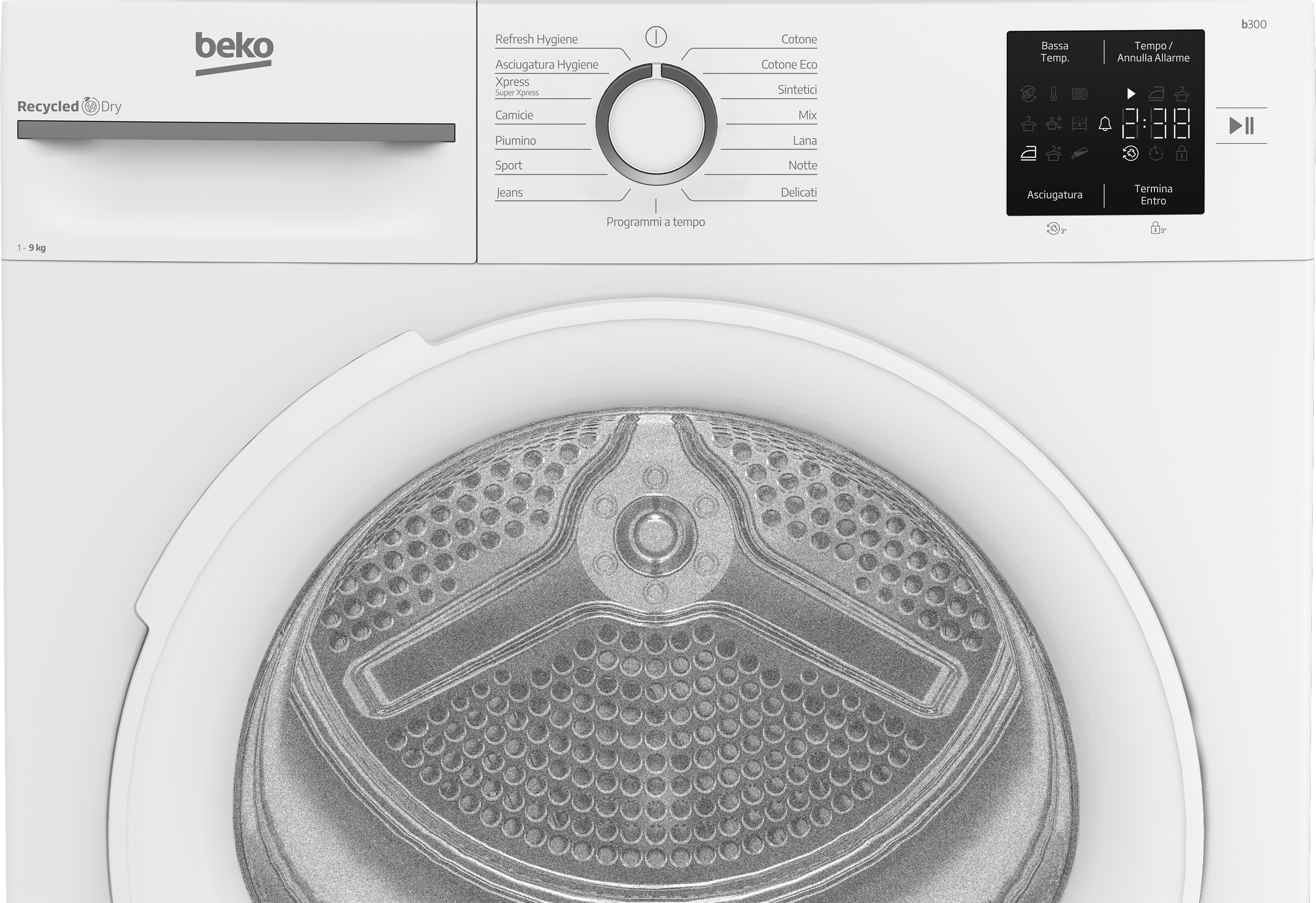 Asciugatrice Beko bianca con pannello di controllo, opzioni ciclo e display digitale. Il cestello è visibile.