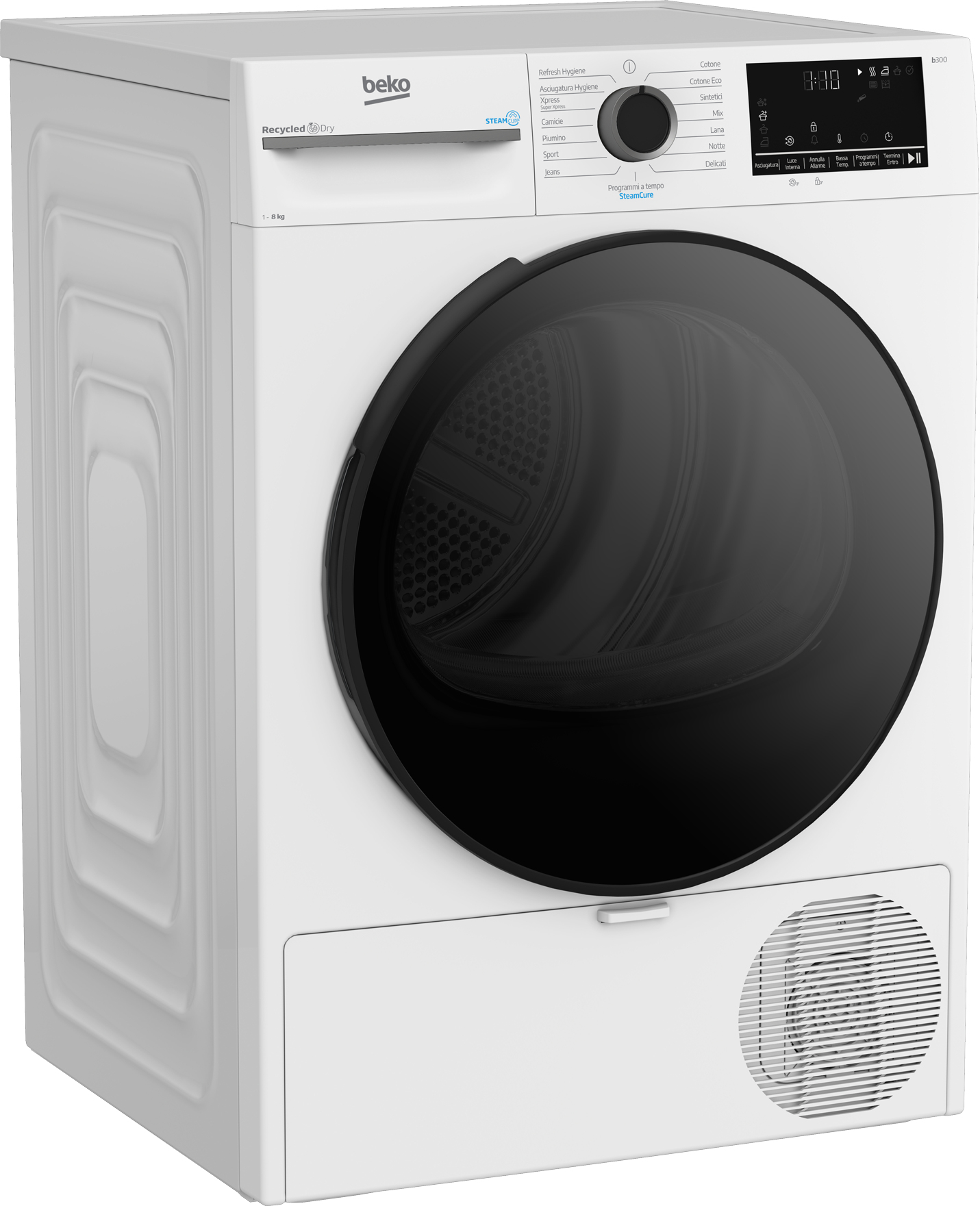 Un'asciugatrice Beko bianca con porta nera e pannello comandi. Include opzioni di programma e display digitale.