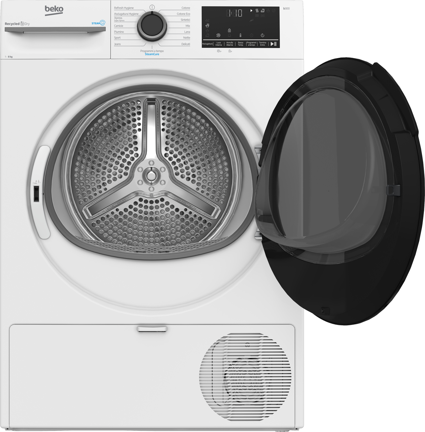 Un'asciugatrice Beko bianca con la porta aperta. Ha un pannello di controllo in alto e un cestello a rete all'interno. La porta è nera e trasparente.