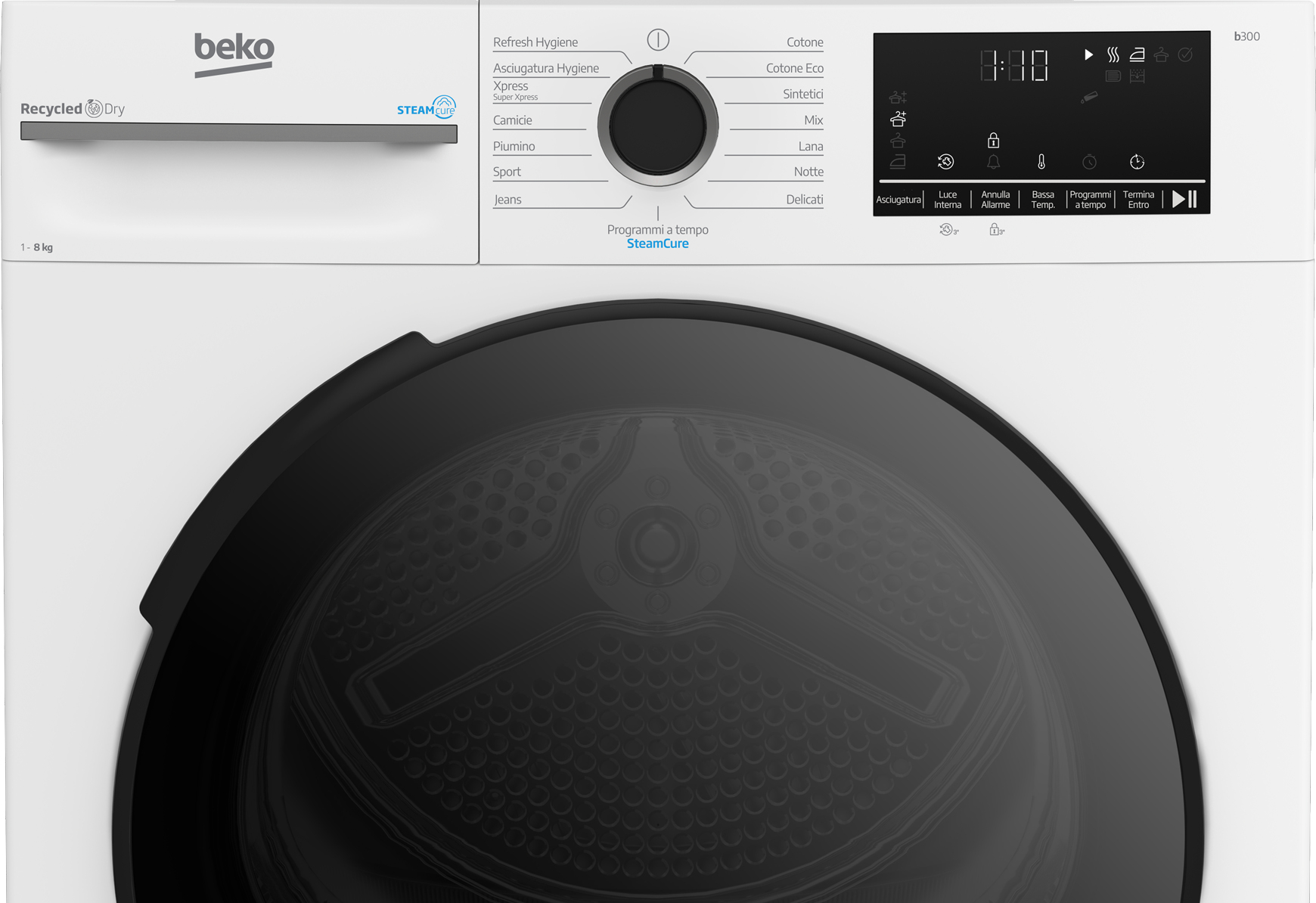Un'asciugatrice Beko bianca con porta nera. Il pannello comandi ha pulsanti e display digitale per le impostazioni.