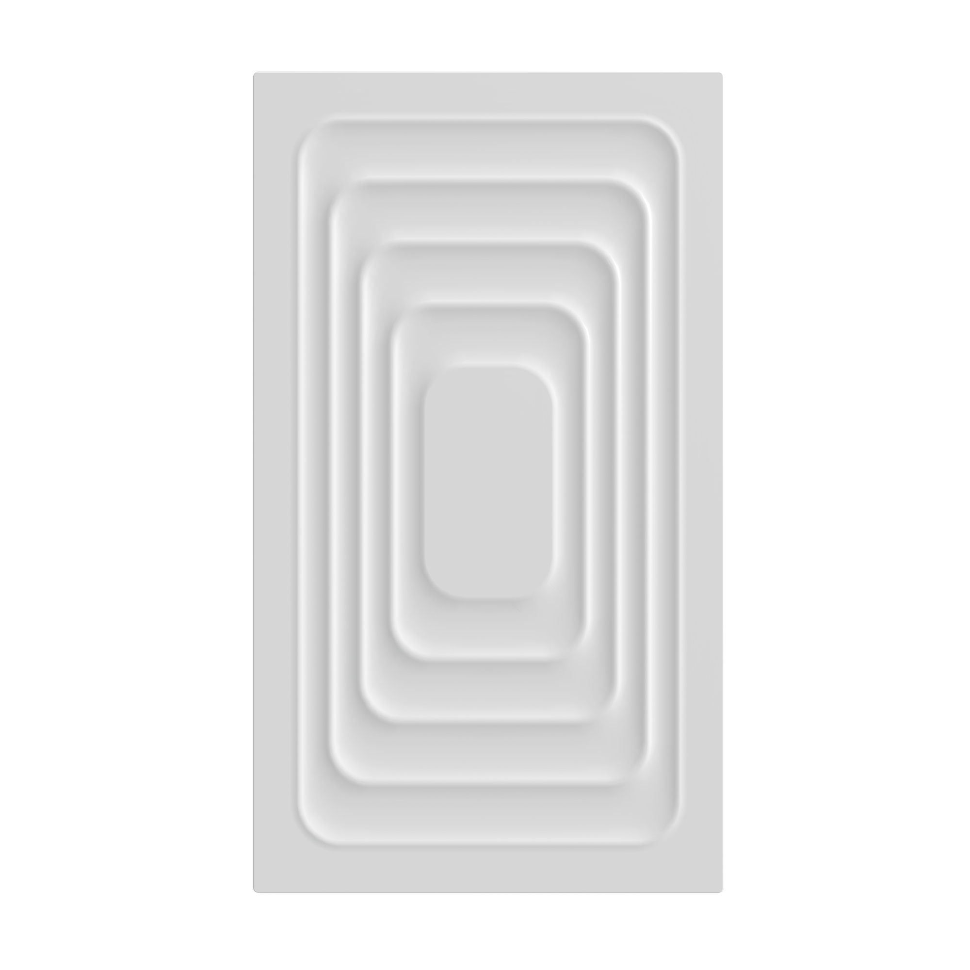 Un oggetto rettangolare bianco con rettangoli arrotondati concentrici, che creano un design a strati. Lo sfondo è bianco.