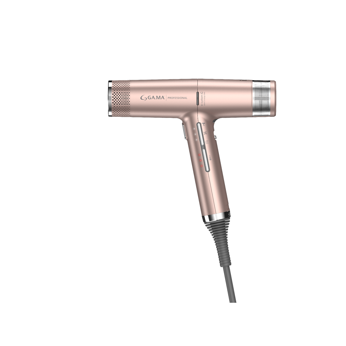 Różowo-złota suszarka do włosów na czarnym tle. Posiada markę GAMA. Professional, widoczne są przyciski i ustawienia.