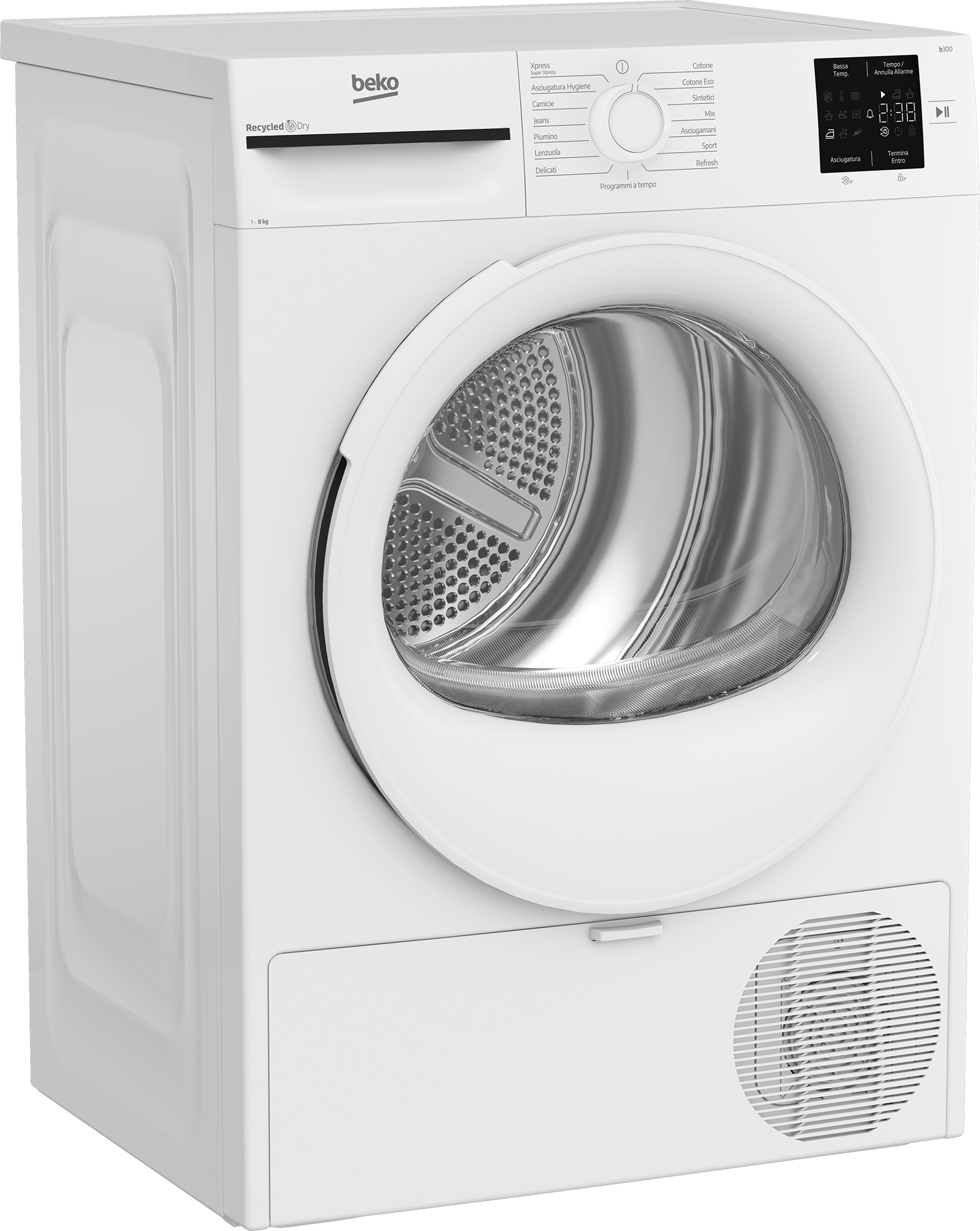 Un'asciugatrice Beko bianca. Ha una porta circolare, pannello di controllo e una presa d'aria inferiore. Il marchio è visibile.