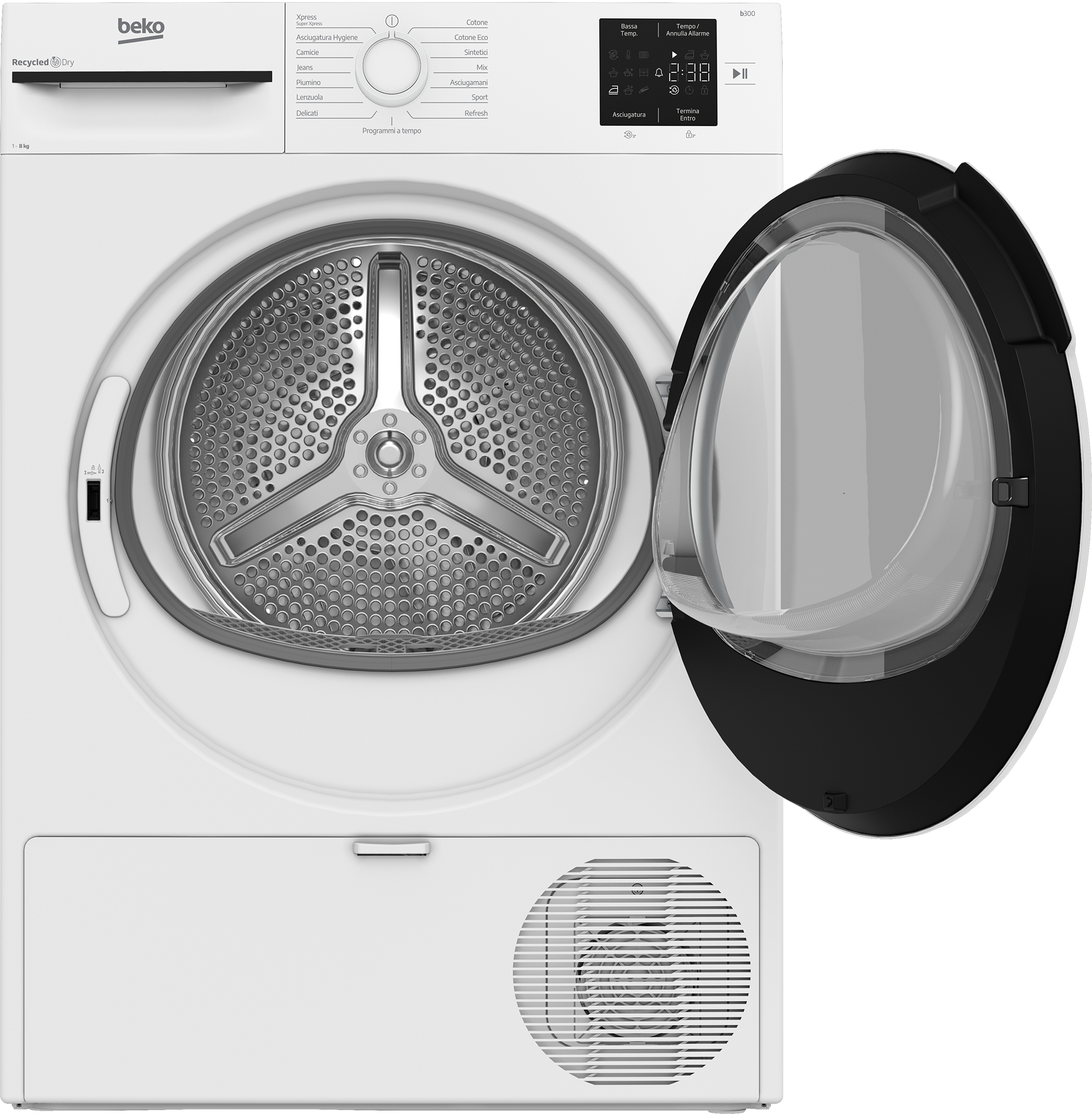 Un'asciugatrice Beko bianca con la porta aperta. Il pannello di controllo è in alto. Il tamburo interno è visibile.