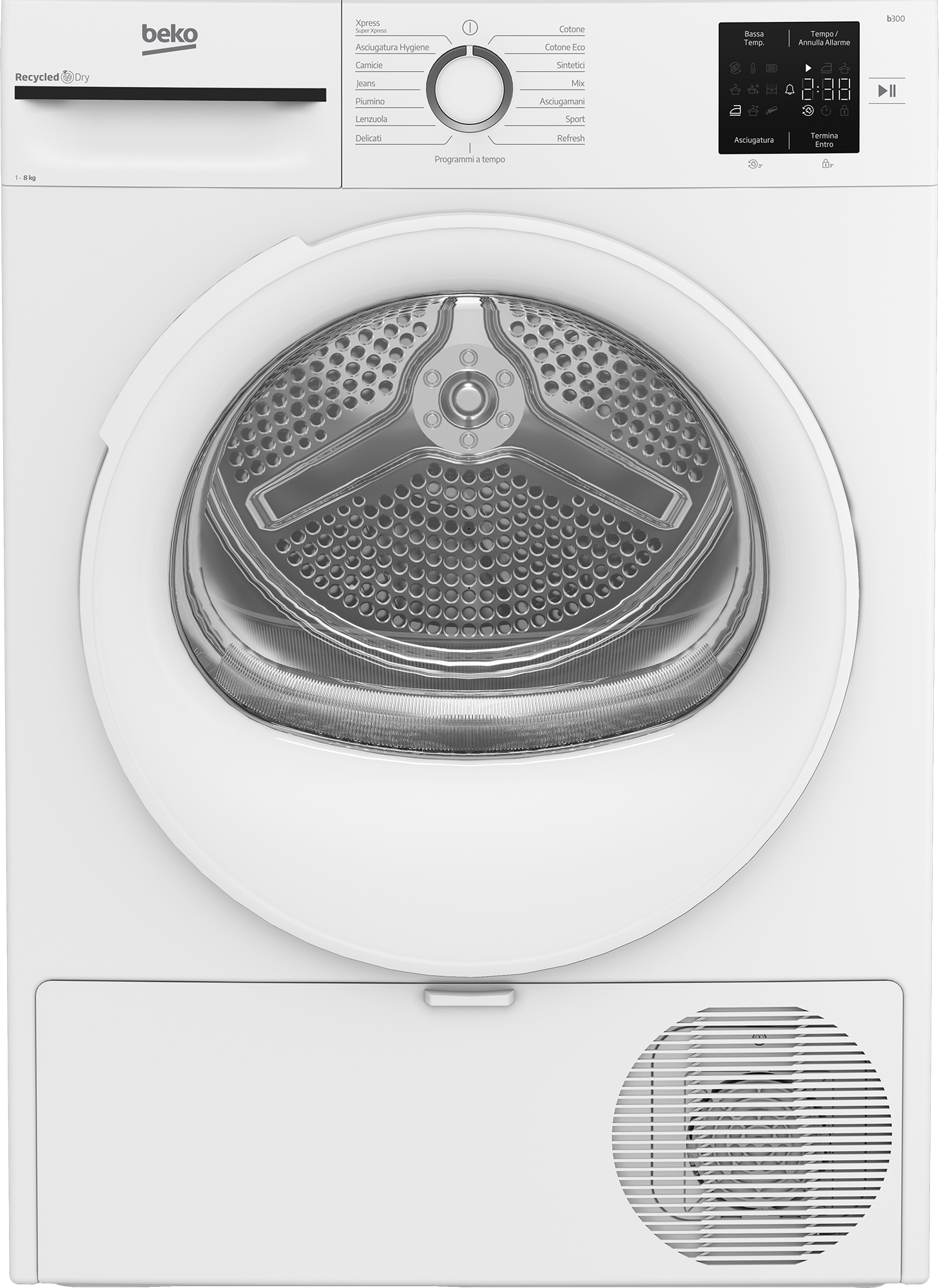Un'asciugatrice Beko bianca. Ha una porta rotonda, un pannello di controllo e uno sfiato inferiore. Sul pannello sono elencate varie opzioni di asciugatura.